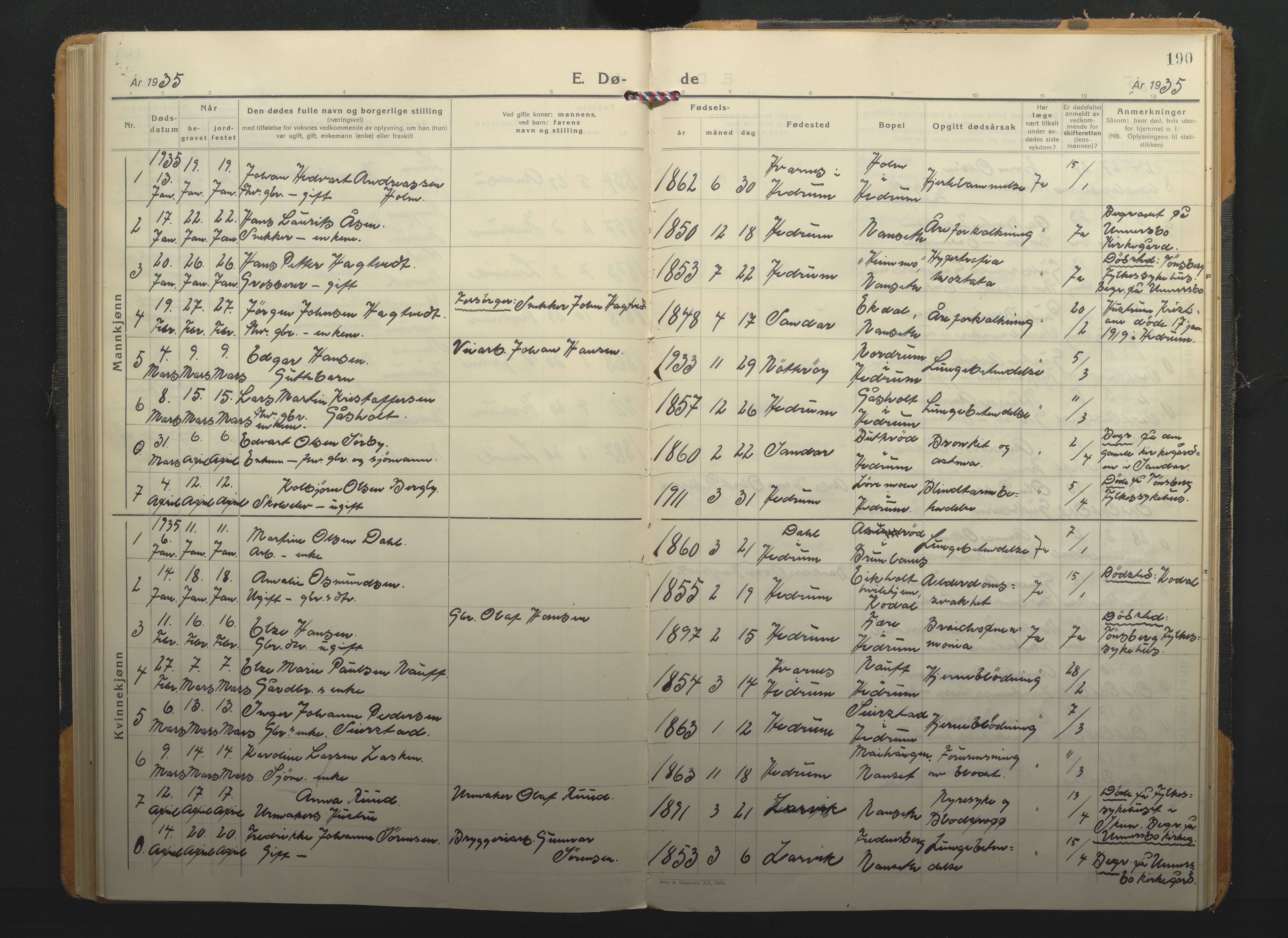 Hedrum kirkebøker, SAKO/A-344/F/Fa/L0012: Parish register (official) no. I 12, 1934-1941, p. 190