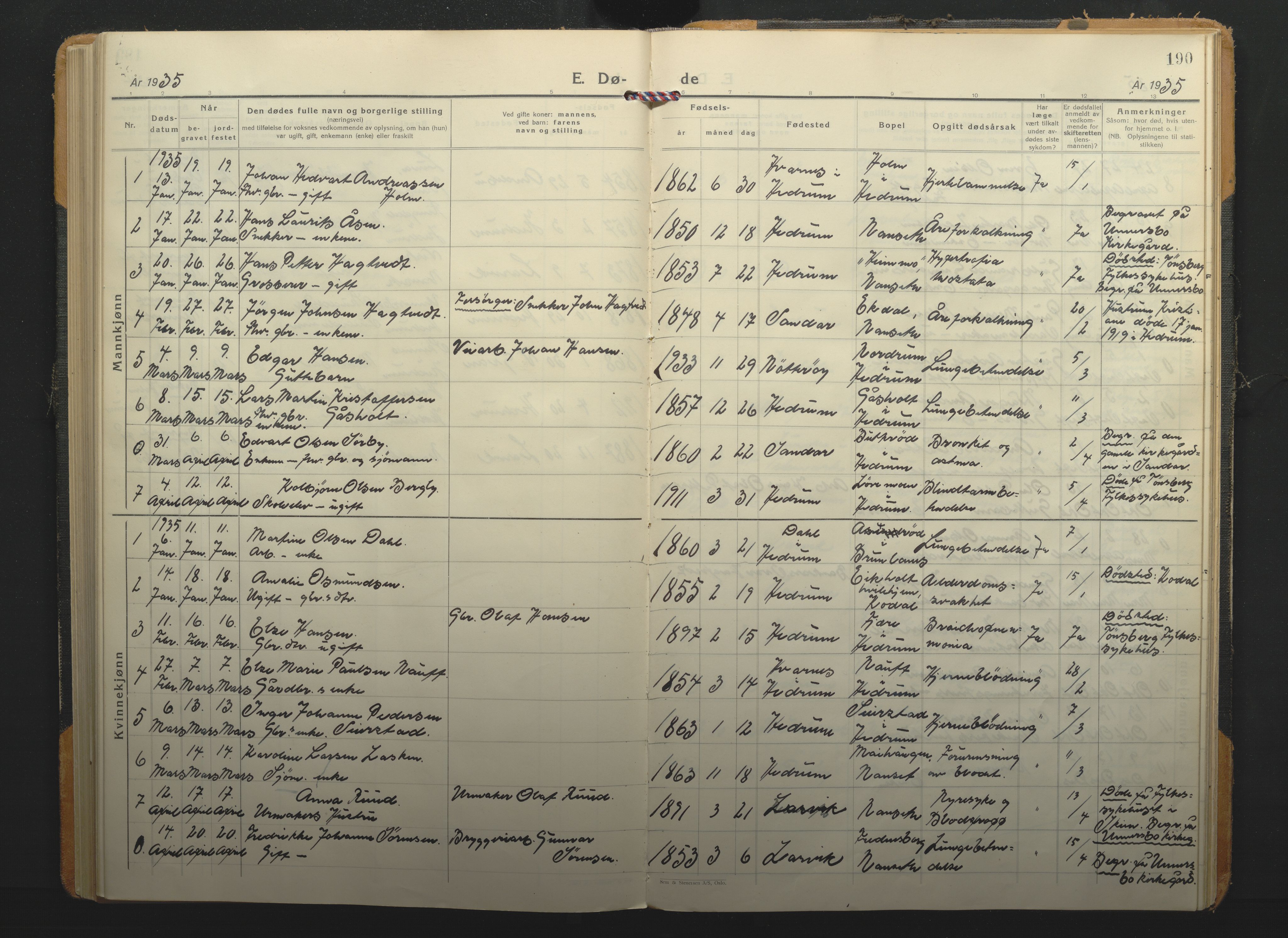 Hedrum kirkebøker, AV/SAKO-A-344/F/Fa/L0012: Parish register (official) no. I 12, 1934-1941, p. 190