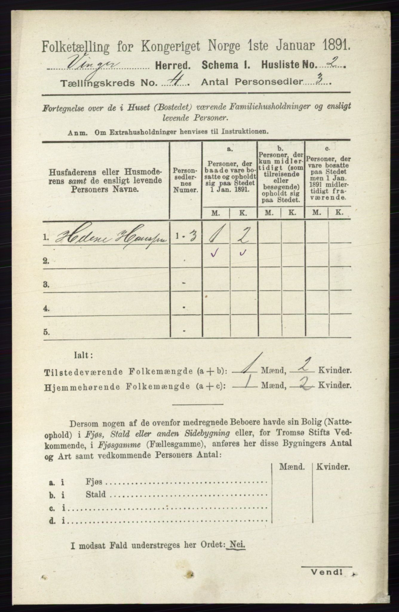 RA, 1891 census for 0421 Vinger, 1891, p. 1583