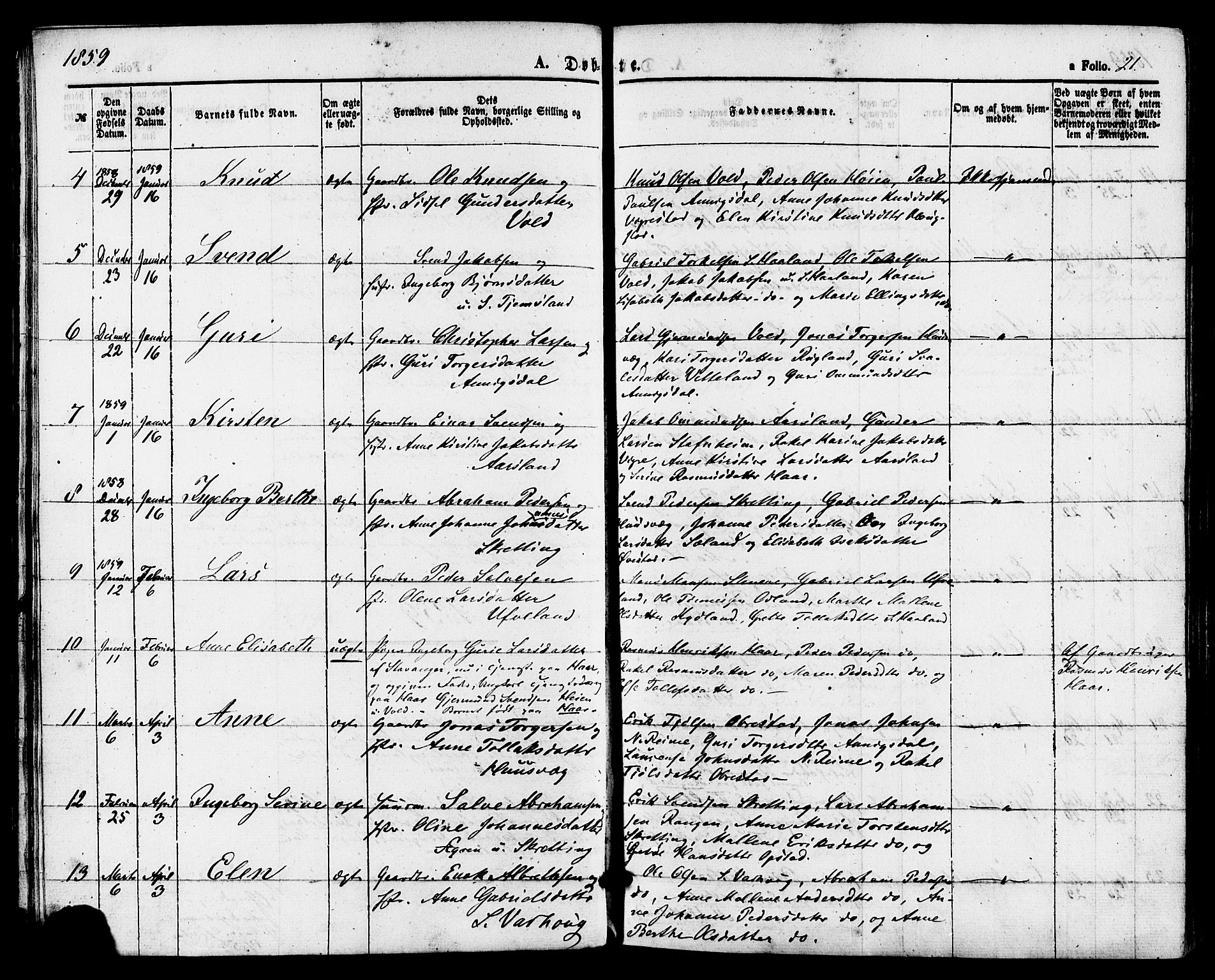 Hå sokneprestkontor, AV/SAST-A-101801/001/30BA/L0009: Parish register (official) no. A 8, 1855-1878, p. 21