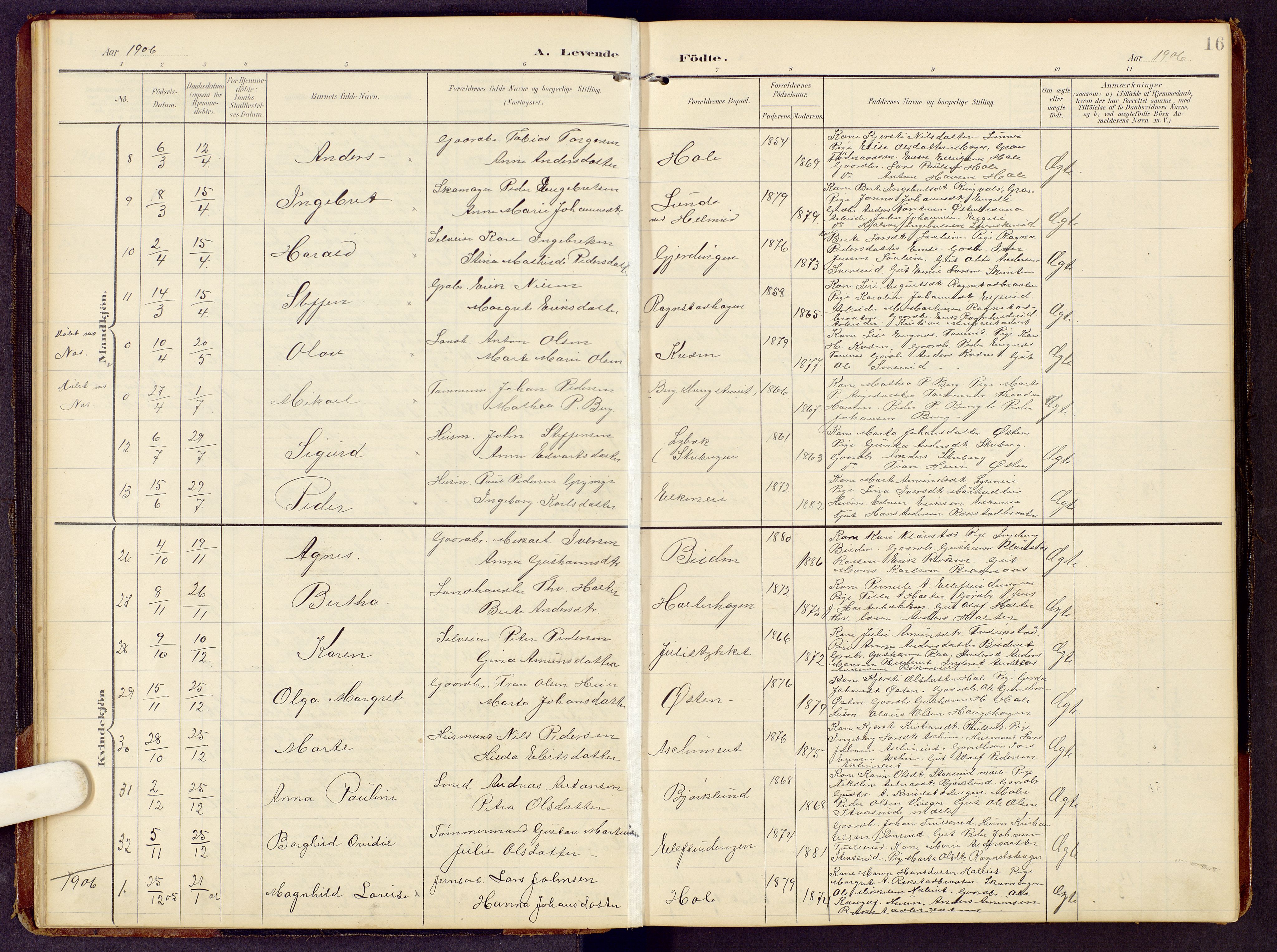 Brandbu prestekontor, SAH/PREST-114/H/Ha/Hab/L0009: Parish register (copy) no. 9, 1903-1916, p. 16