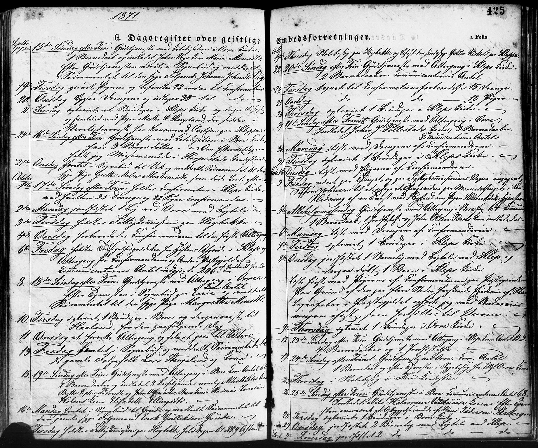 Klepp sokneprestkontor, AV/SAST-A-101803/001/3/30BA/L0006: Parish register (official) no. A 6, 1871-1885, p. 425