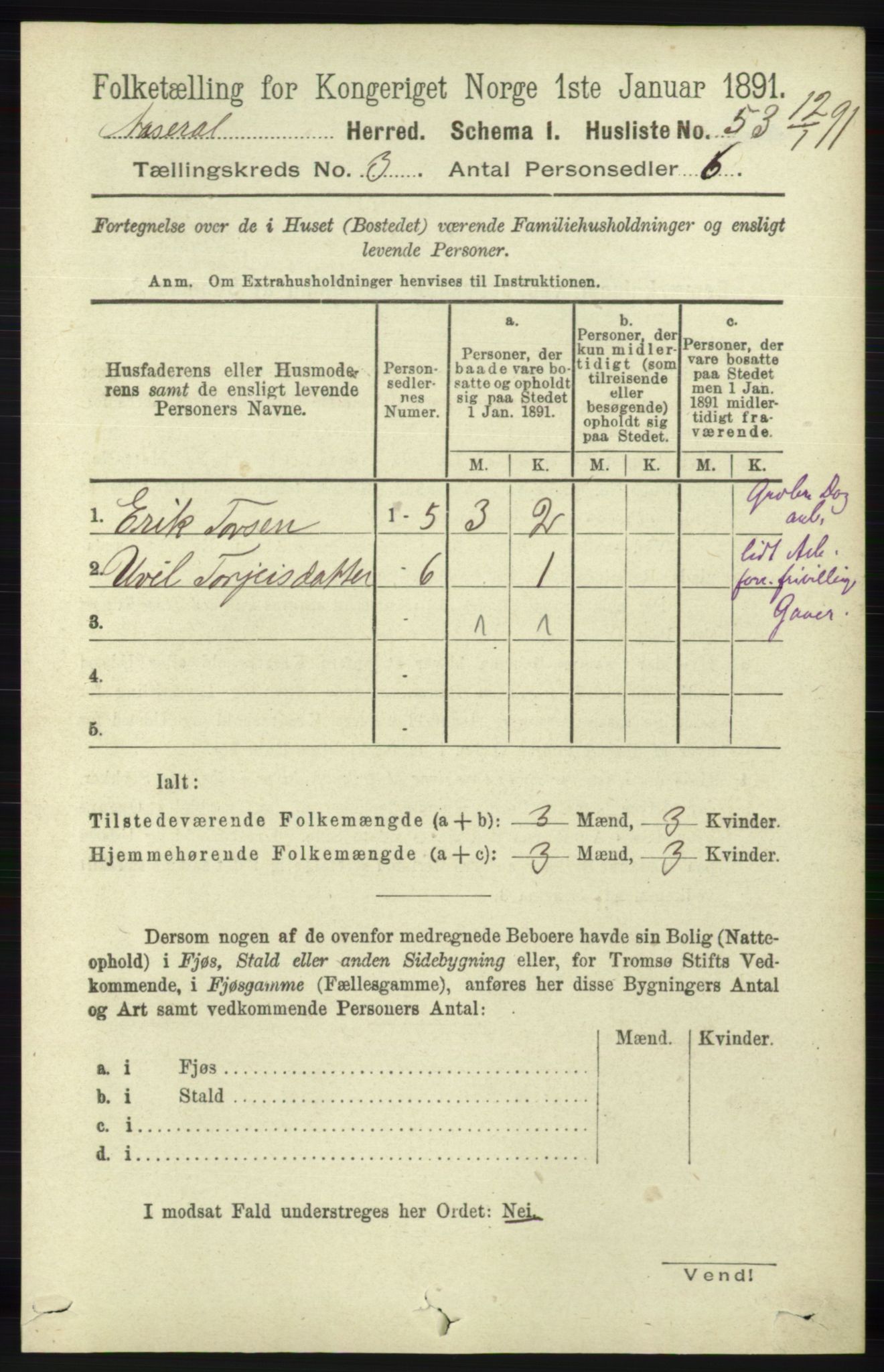 RA, 1891 census for 1026 Åseral, 1891, p. 776