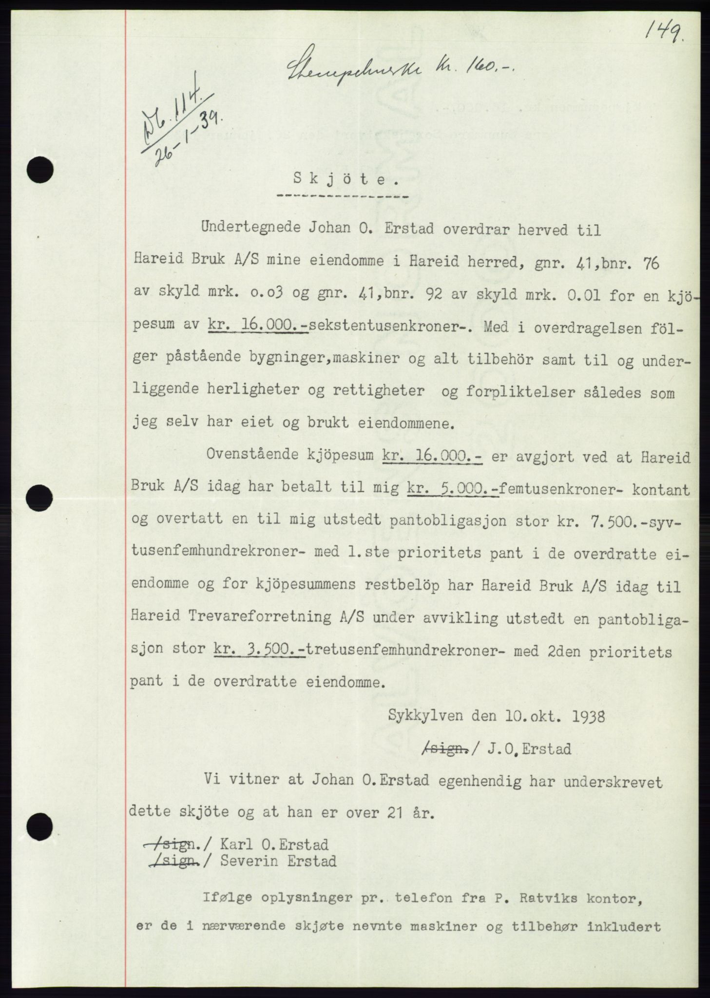 Søre Sunnmøre sorenskriveri, AV/SAT-A-4122/1/2/2C/L0067: Mortgage book no. 61, 1938-1939, Diary no: : 114/1939