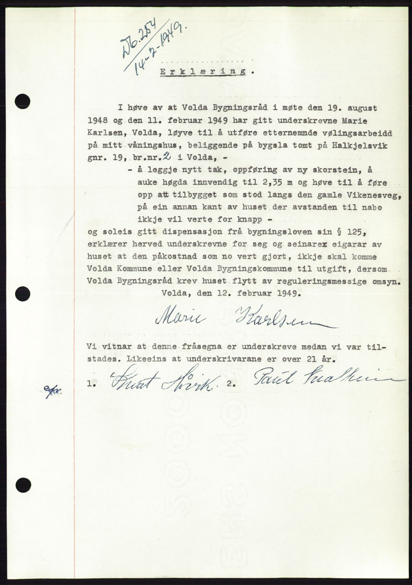 Søre Sunnmøre sorenskriveri, AV/SAT-A-4122/1/2/2C/L0116: Mortgage book no. 4B, 1948-1949, Diary no: : 254/1949