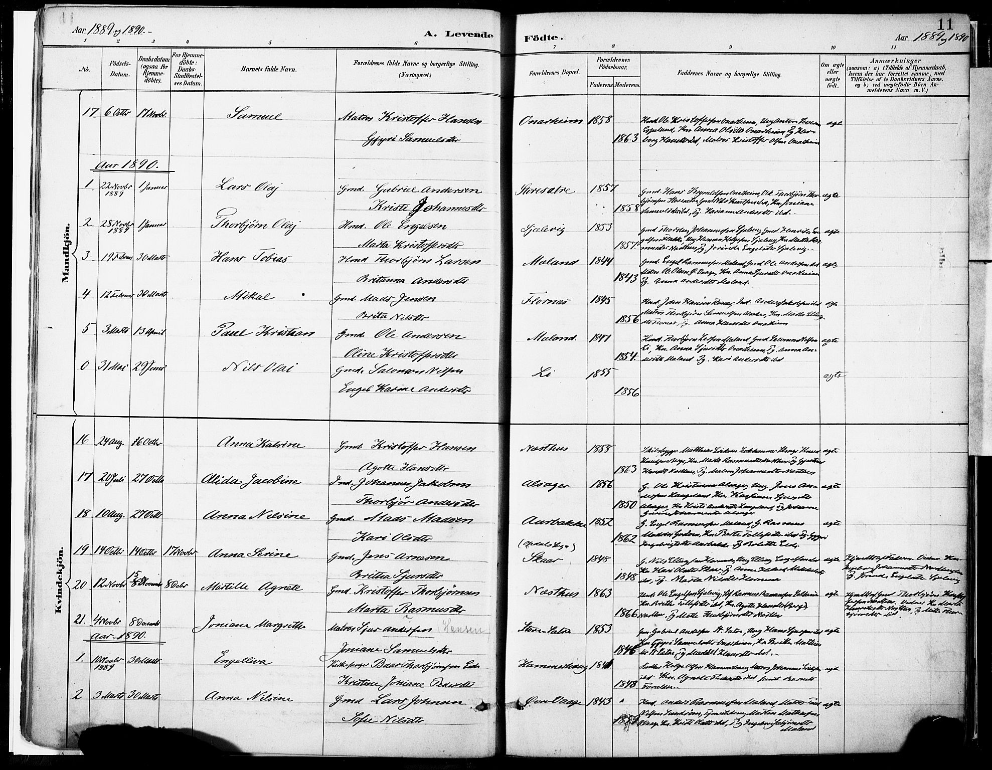 Tysnes sokneprestembete, SAB/A-78601/H/Haa: Parish register (official) no. C 1, 1887-1912, p. 11