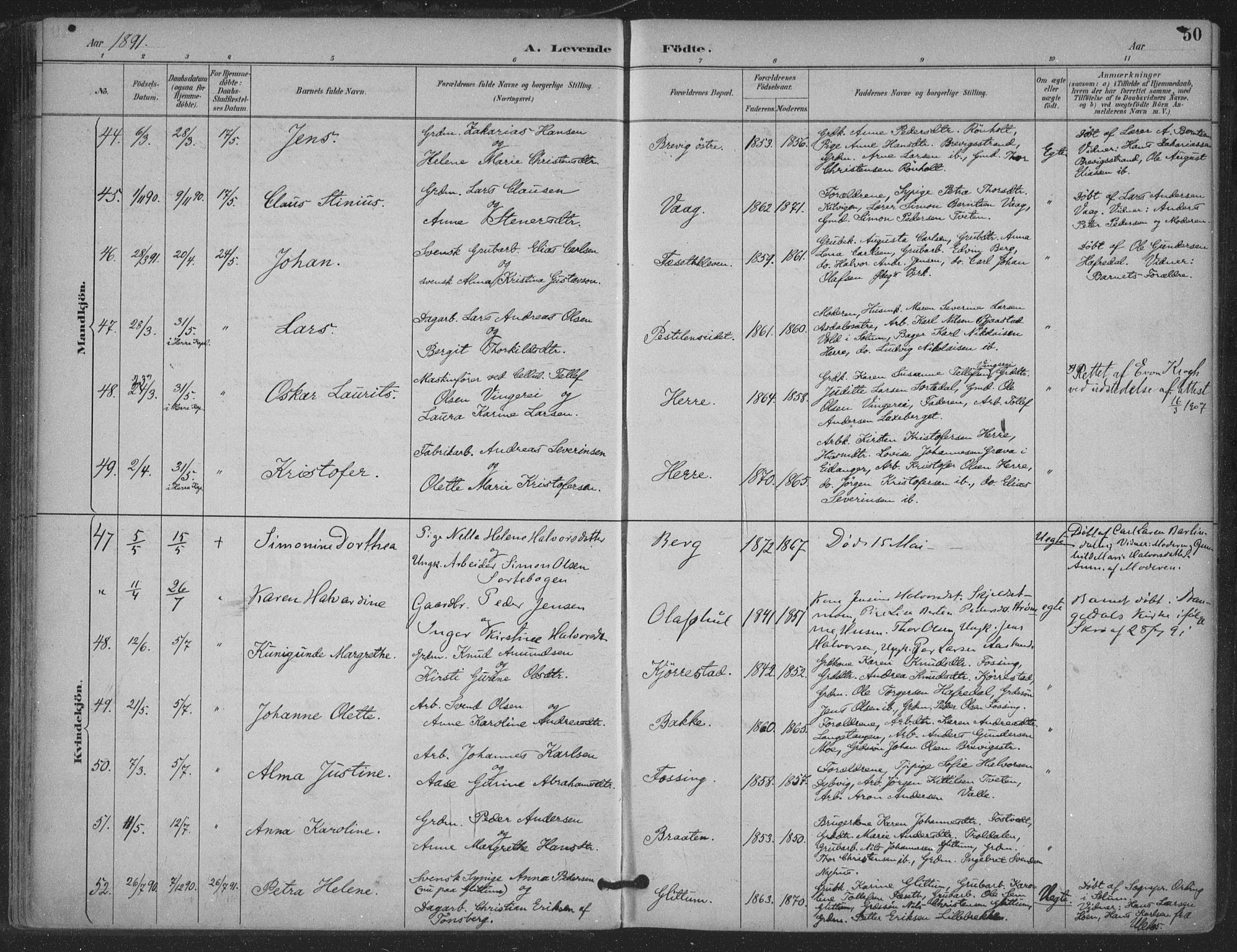 Bamble kirkebøker, SAKO/A-253/F/Fa/L0008: Parish register (official) no. I 8, 1888-1900, p. 50