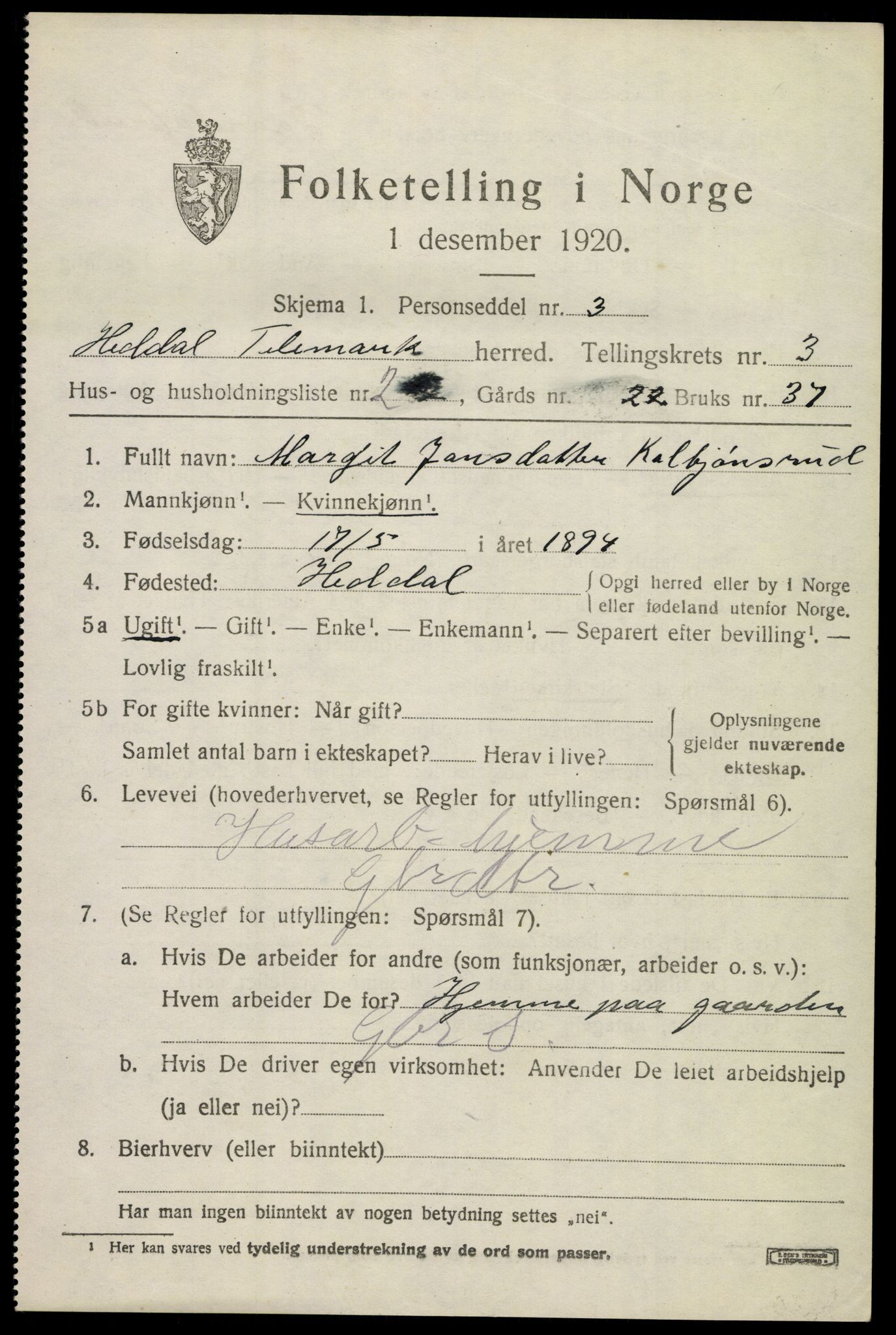 SAKO, 1920 census for Heddal, 1920, p. 3658