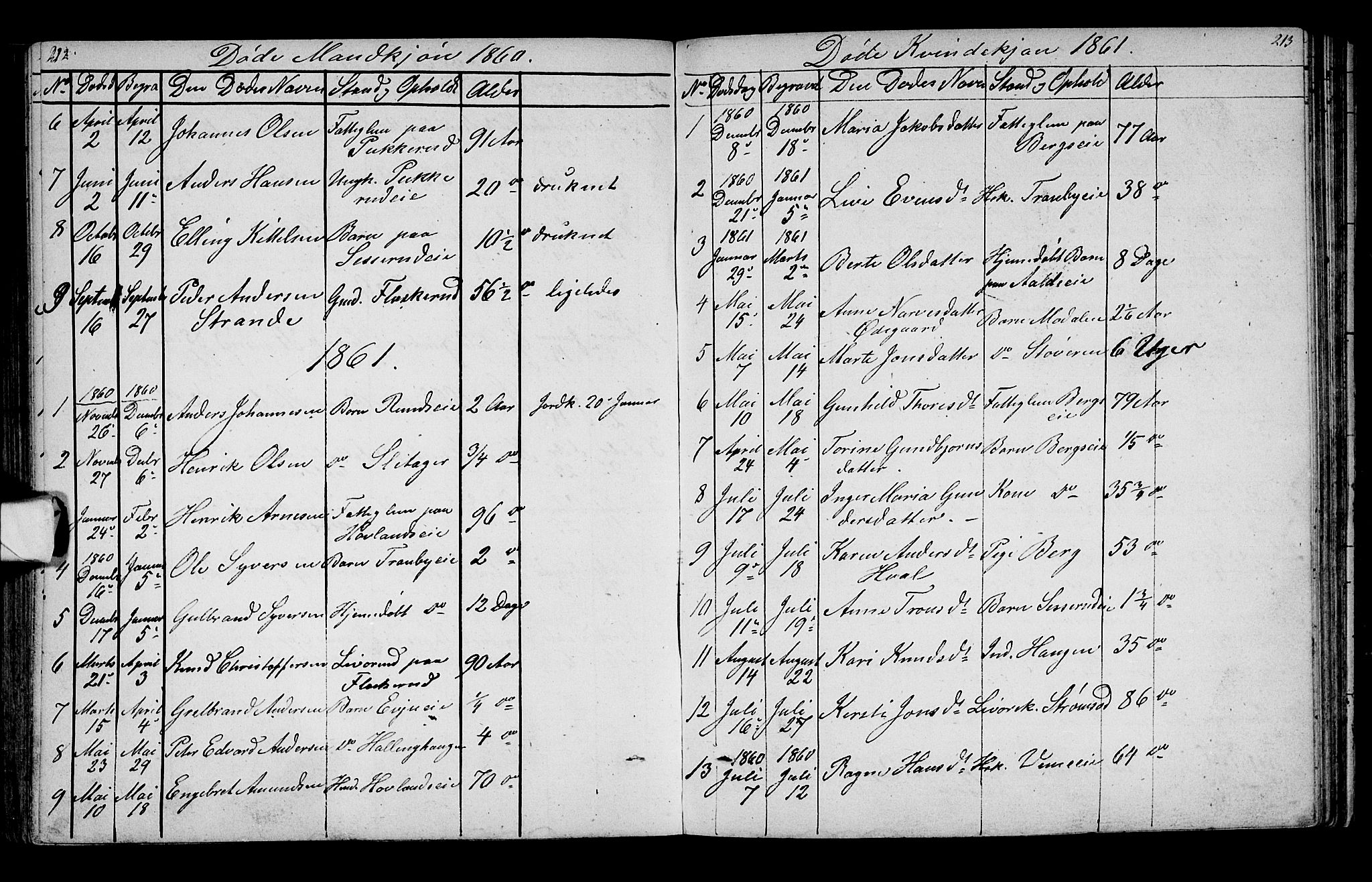 Lunder kirkebøker, SAKO/A-629/G/Ga/L0002: Parish register (copy) no. I 2, 1849-1868, p. 212-213