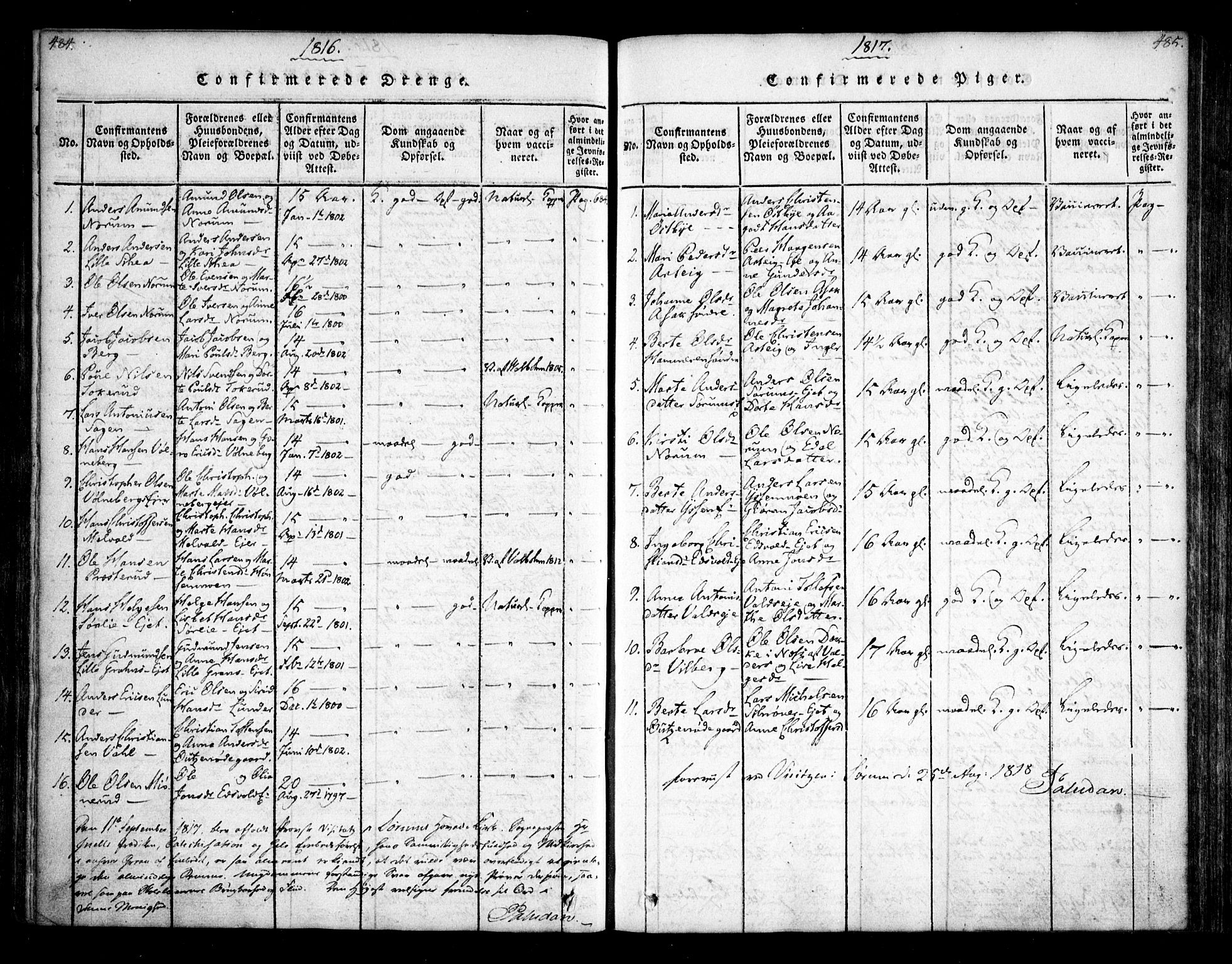 Sørum prestekontor Kirkebøker, SAO/A-10303/F/Fa/L0003: Parish register (official) no. I 3, 1814-1829, p. 484-485