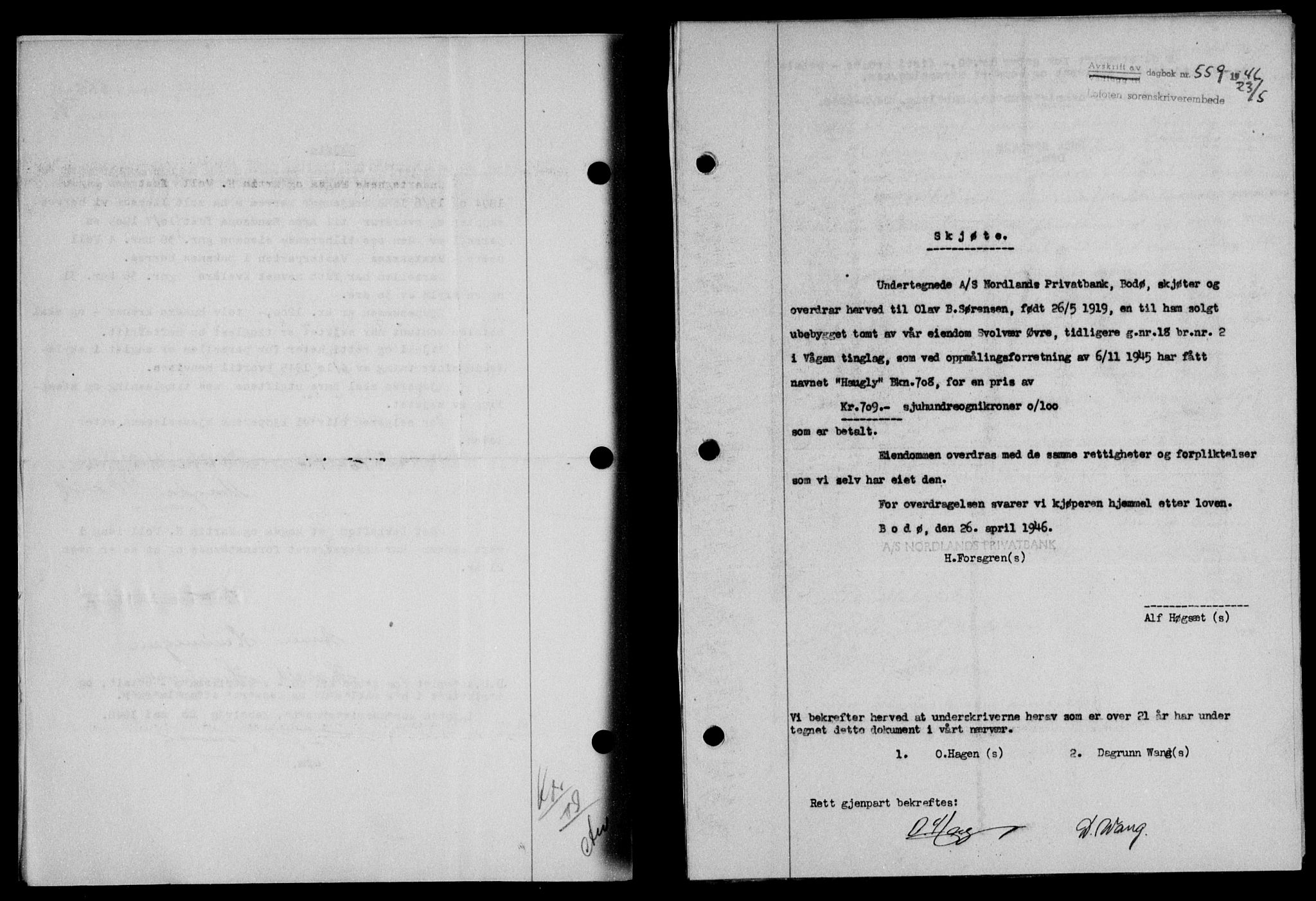 Lofoten sorenskriveri, SAT/A-0017/1/2/2C/L0014a: Mortgage book no. 14a, 1946-1946, Diary no: : 559/1946