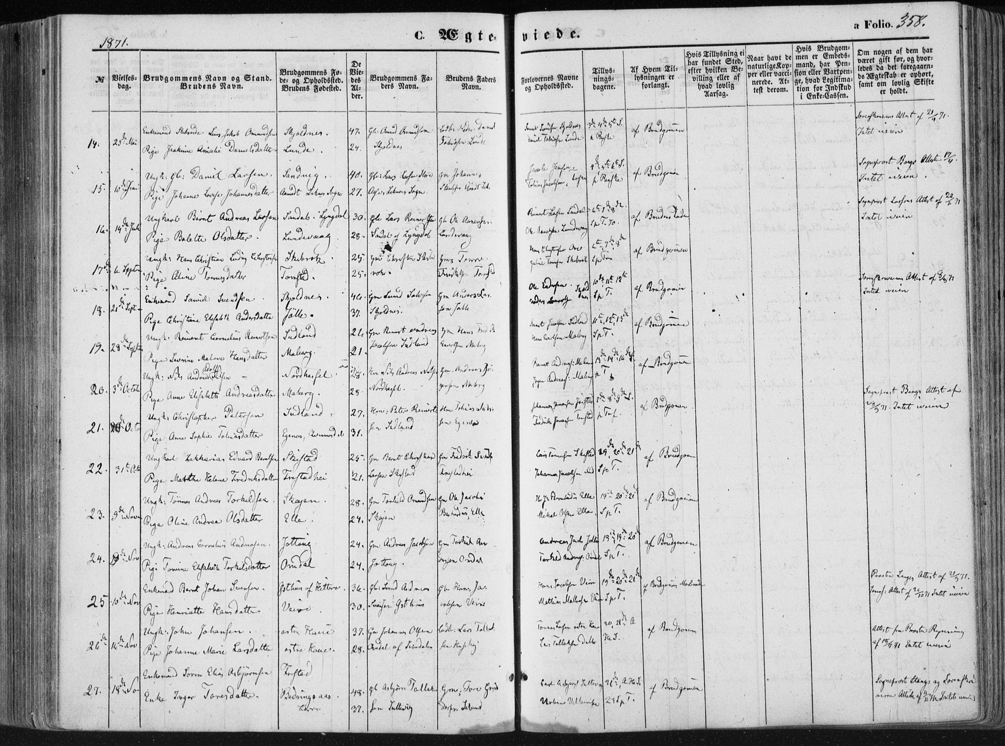 Lista sokneprestkontor, SAK/1111-0027/F/Fa/L0011: Parish register (official) no. A 11, 1861-1878, p. 358