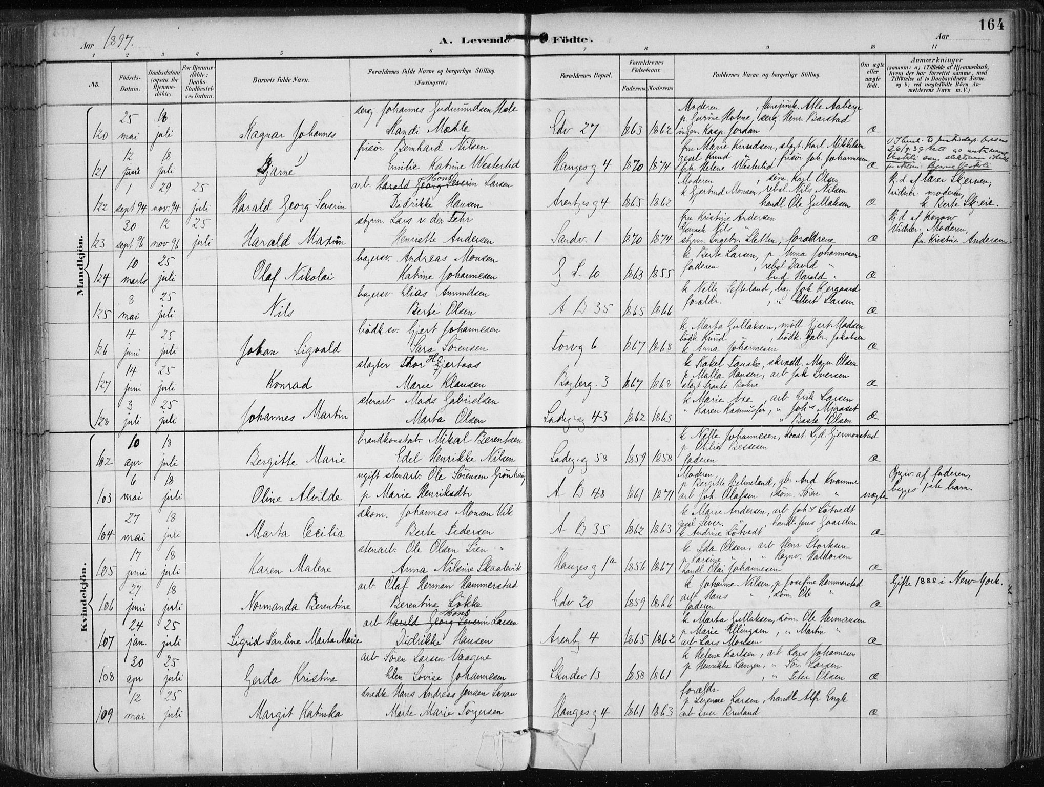 Sandviken Sokneprestembete, SAB/A-77601/H/Ha/L0005: Parish register (official) no. B 2, 1891-1901, p. 164
