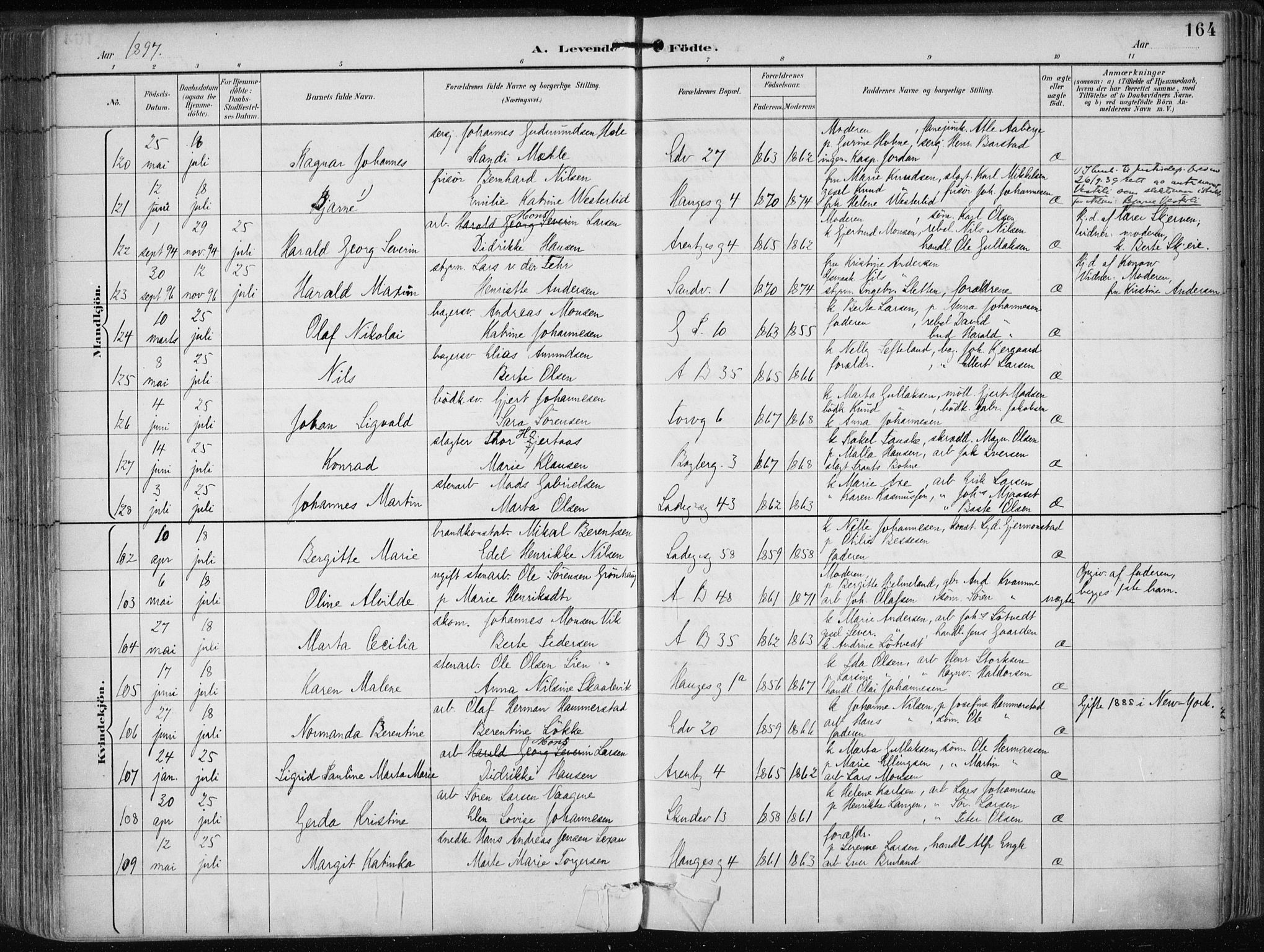 Sandviken Sokneprestembete, AV/SAB-A-77601/H/Ha/L0005: Parish register (official) no. B 2, 1891-1901, p. 164