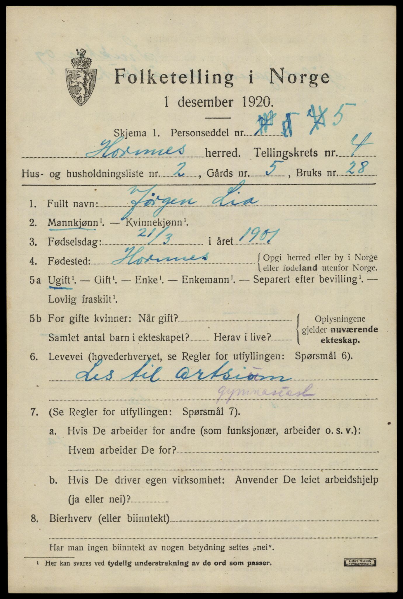 SAK, 1920 census for Hornnes, 1920, p. 1149
