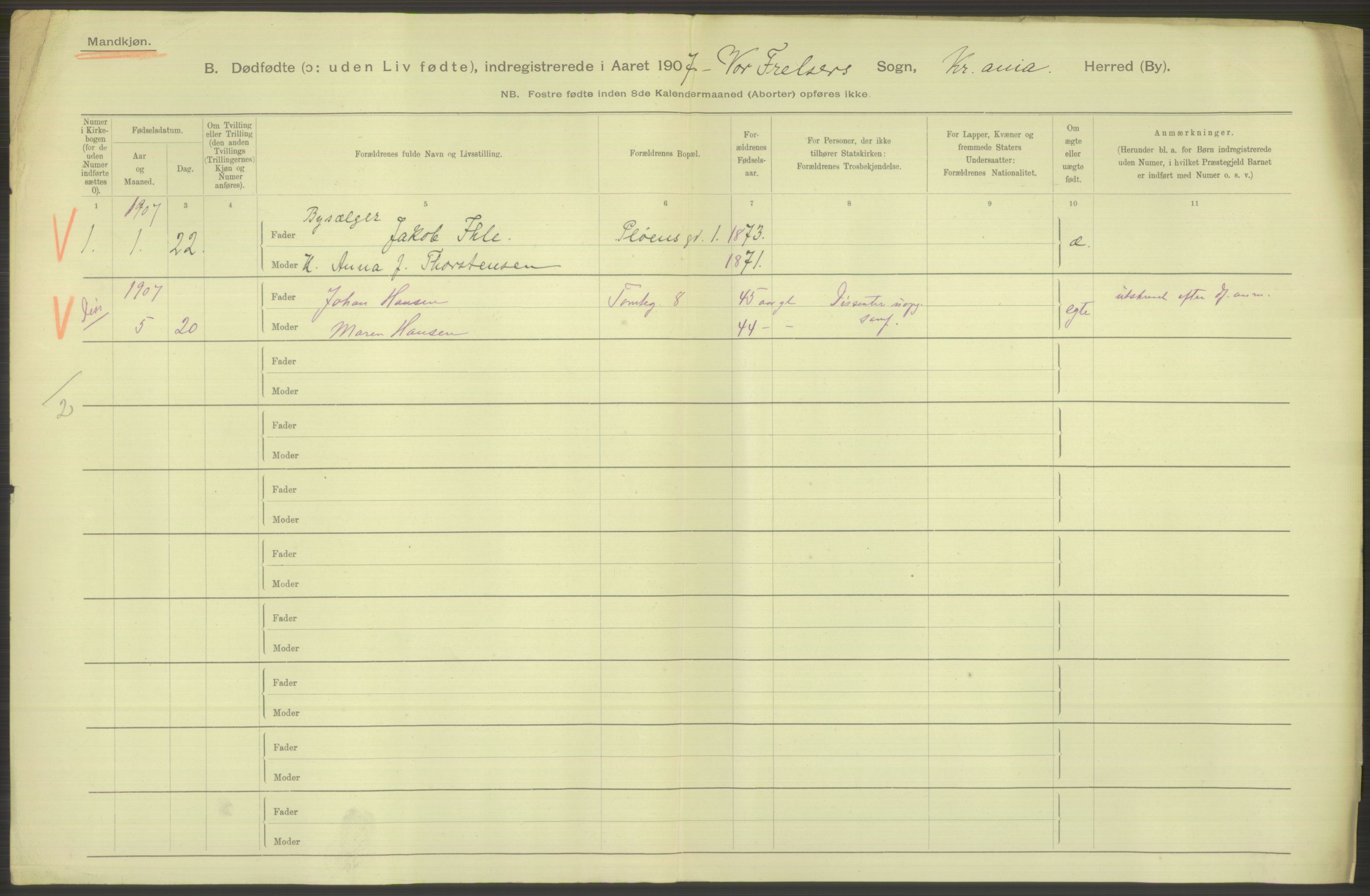 Statistisk sentralbyrå, Sosiodemografiske emner, Befolkning, RA/S-2228/D/Df/Dfa/Dfae/L0010: Kristiania: Døde, dødfødte, 1907, p. 112