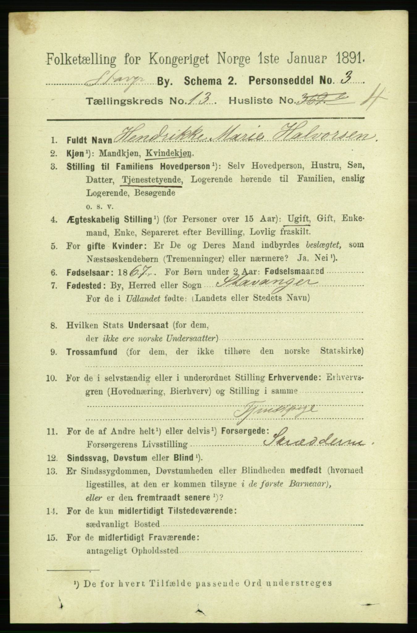 RA, 1891 census for 1103 Stavanger, 1891, p. 16069