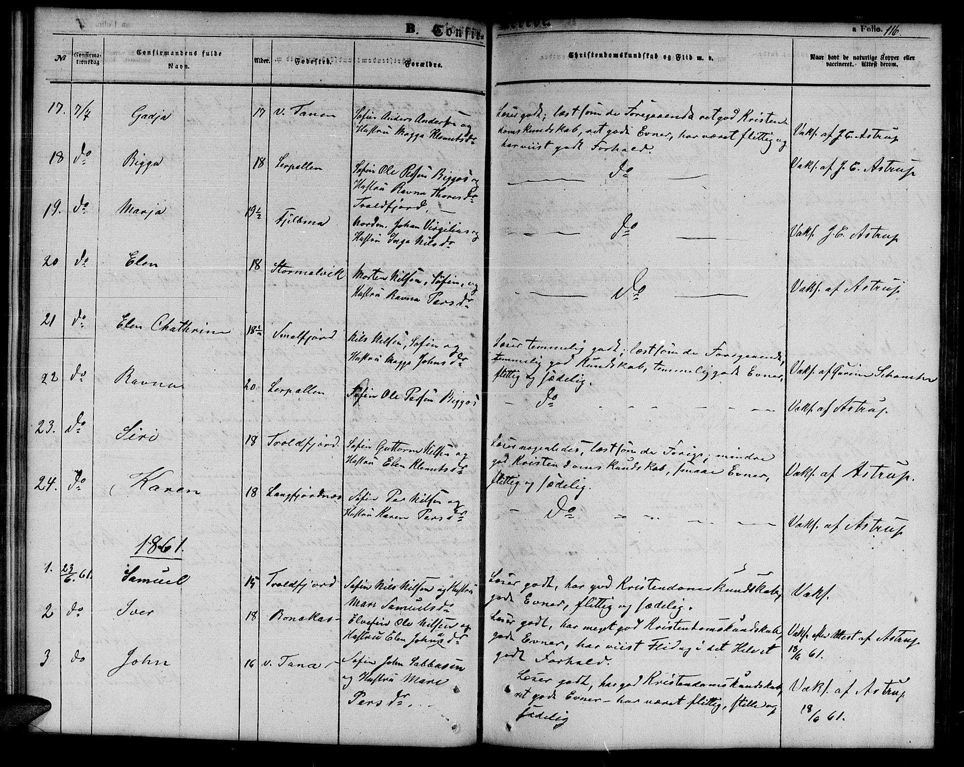 Tana sokneprestkontor, AV/SATØ-S-1334/H/Hb/L0001klokker: Parish register (copy) no. 1 /1, 1853-1867, p. 116