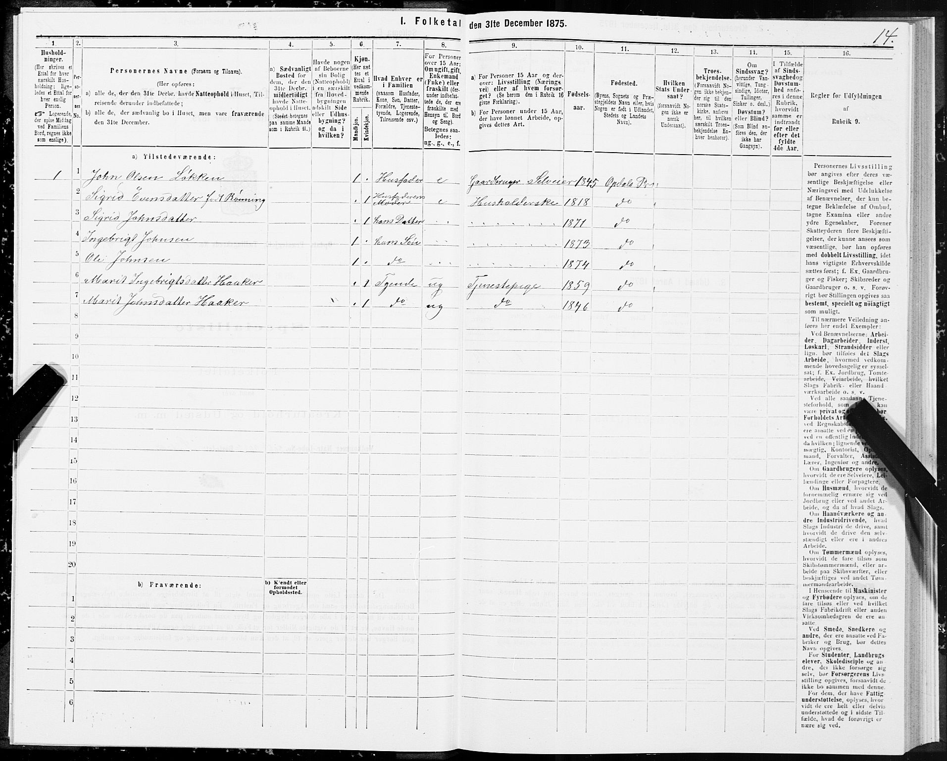 SAT, 1875 census for 1634P Oppdal, 1875, p. 6014