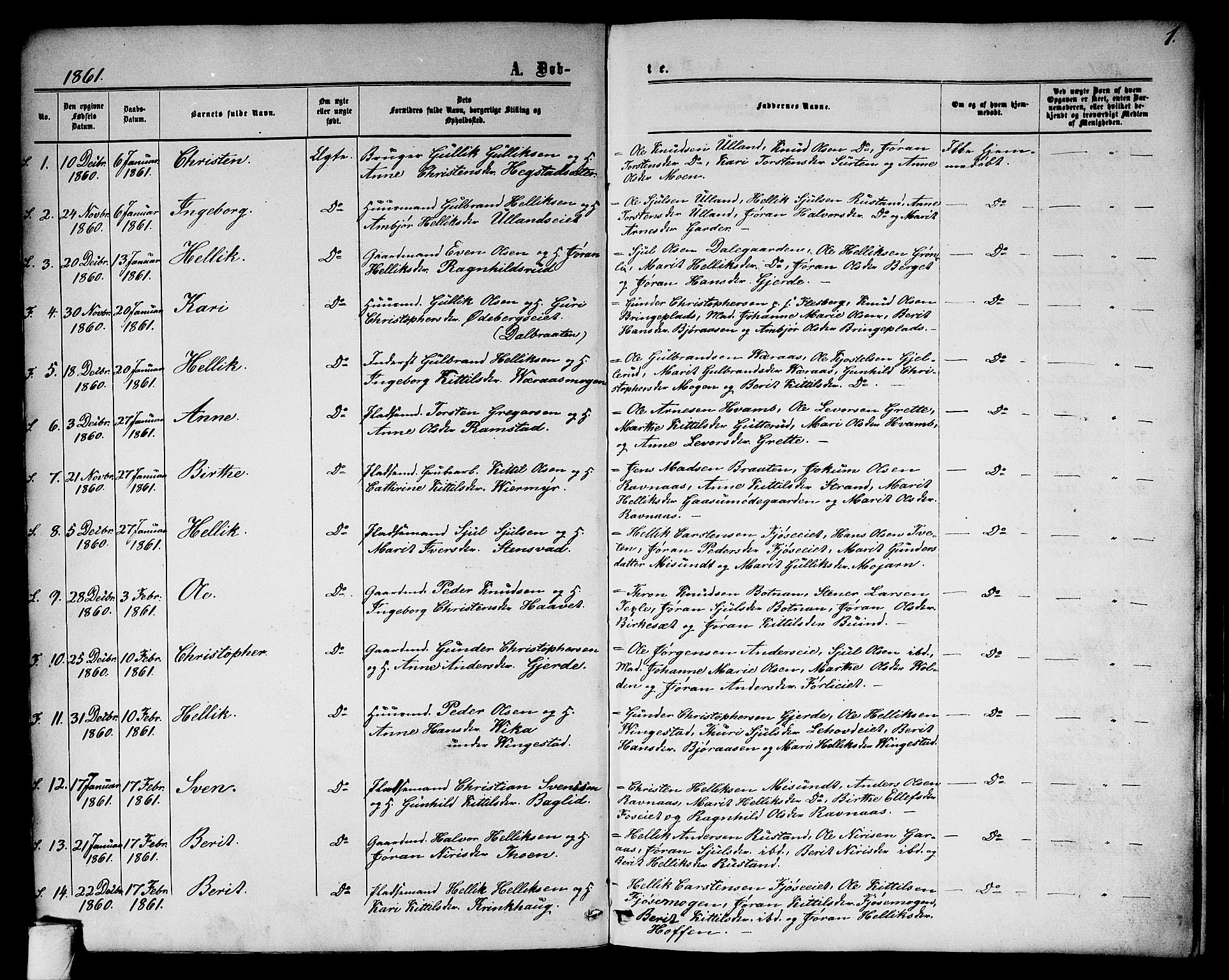 Flesberg kirkebøker, SAKO/A-18/G/Ga/L0003: Parish register (copy) no. I 3, 1861-1889, p. 1