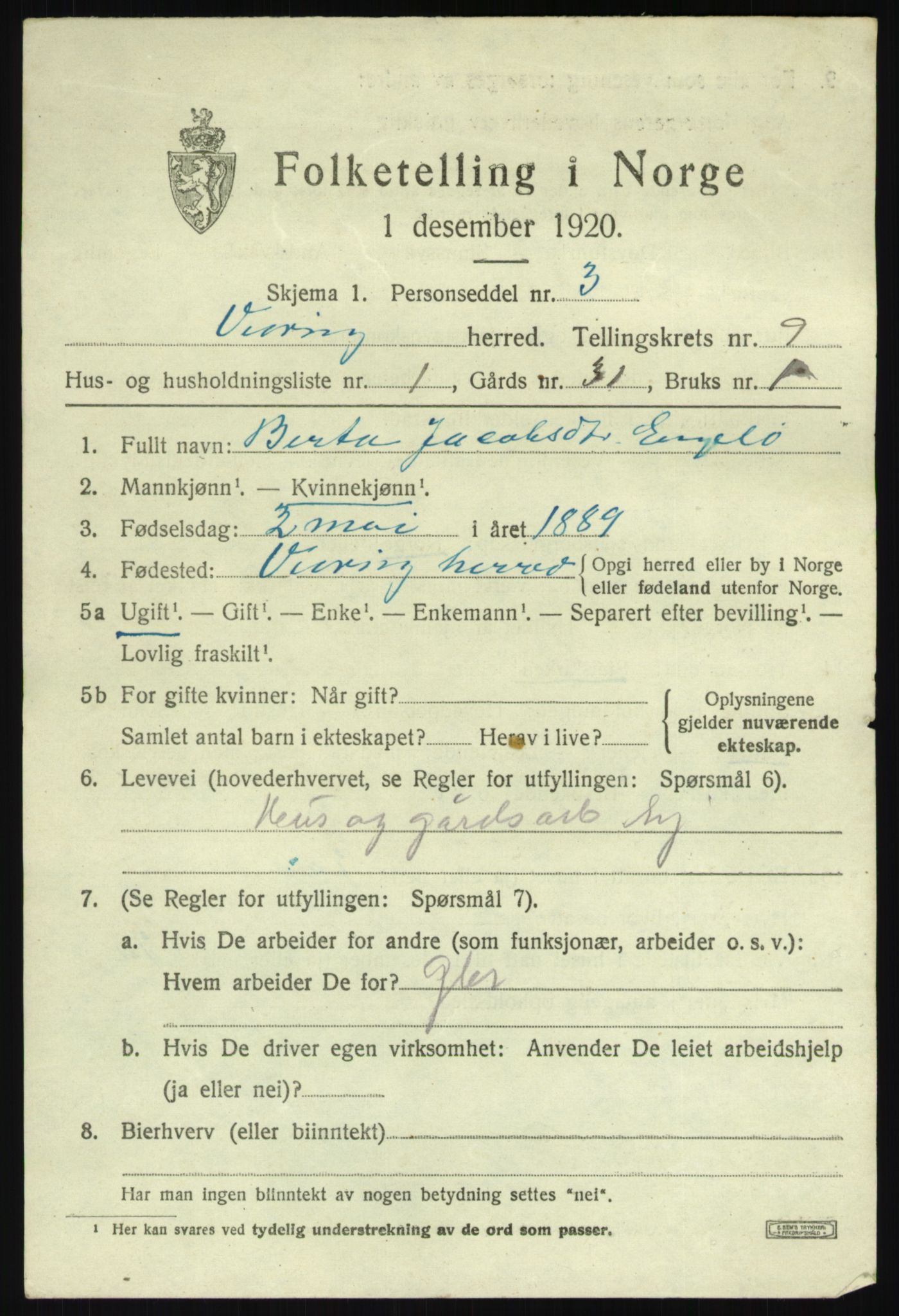 SAB, 1920 census for Vevring, 1920, p. 2370