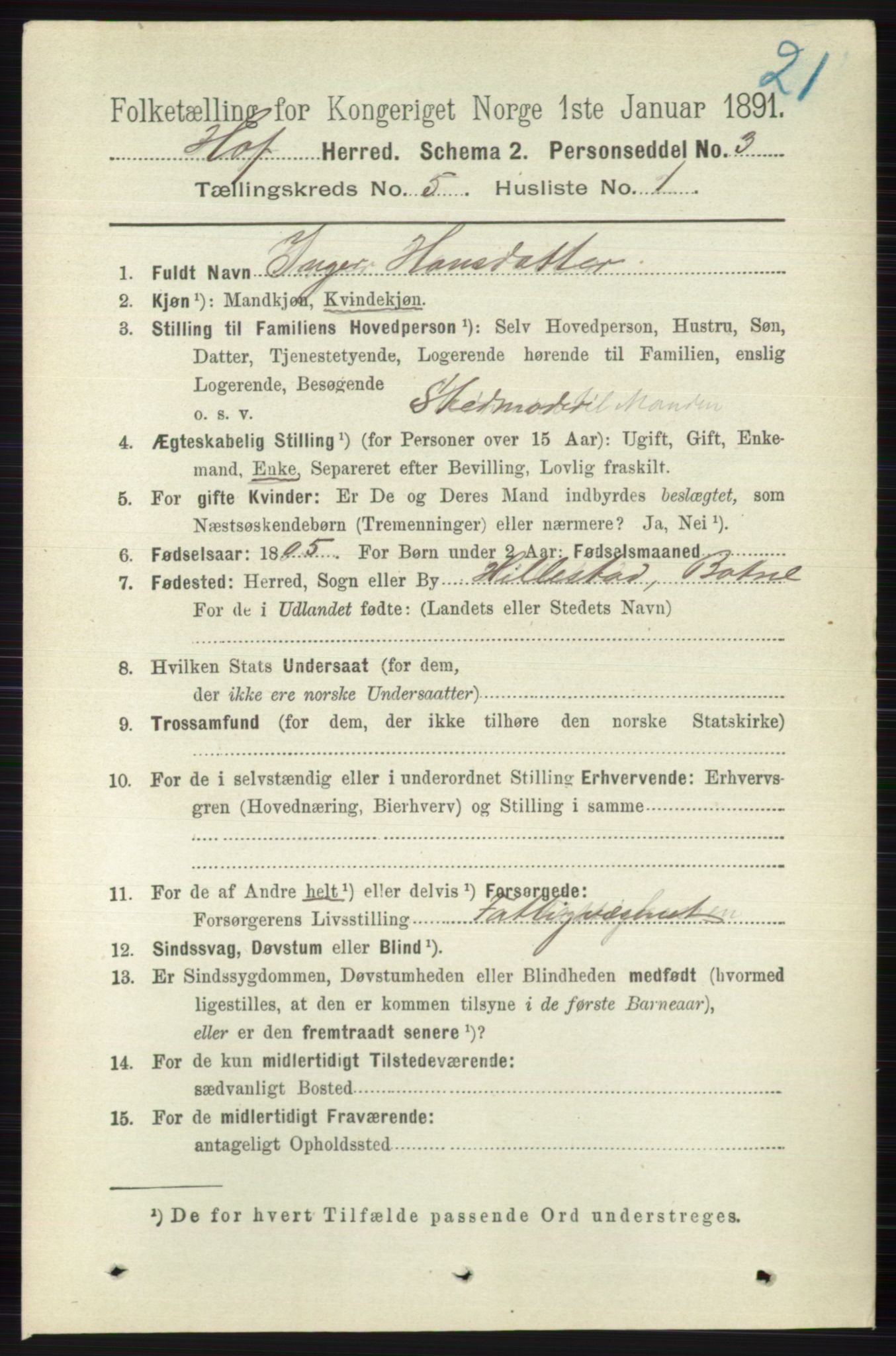 RA, 1891 census for 0714 Hof, 1891, p. 1495