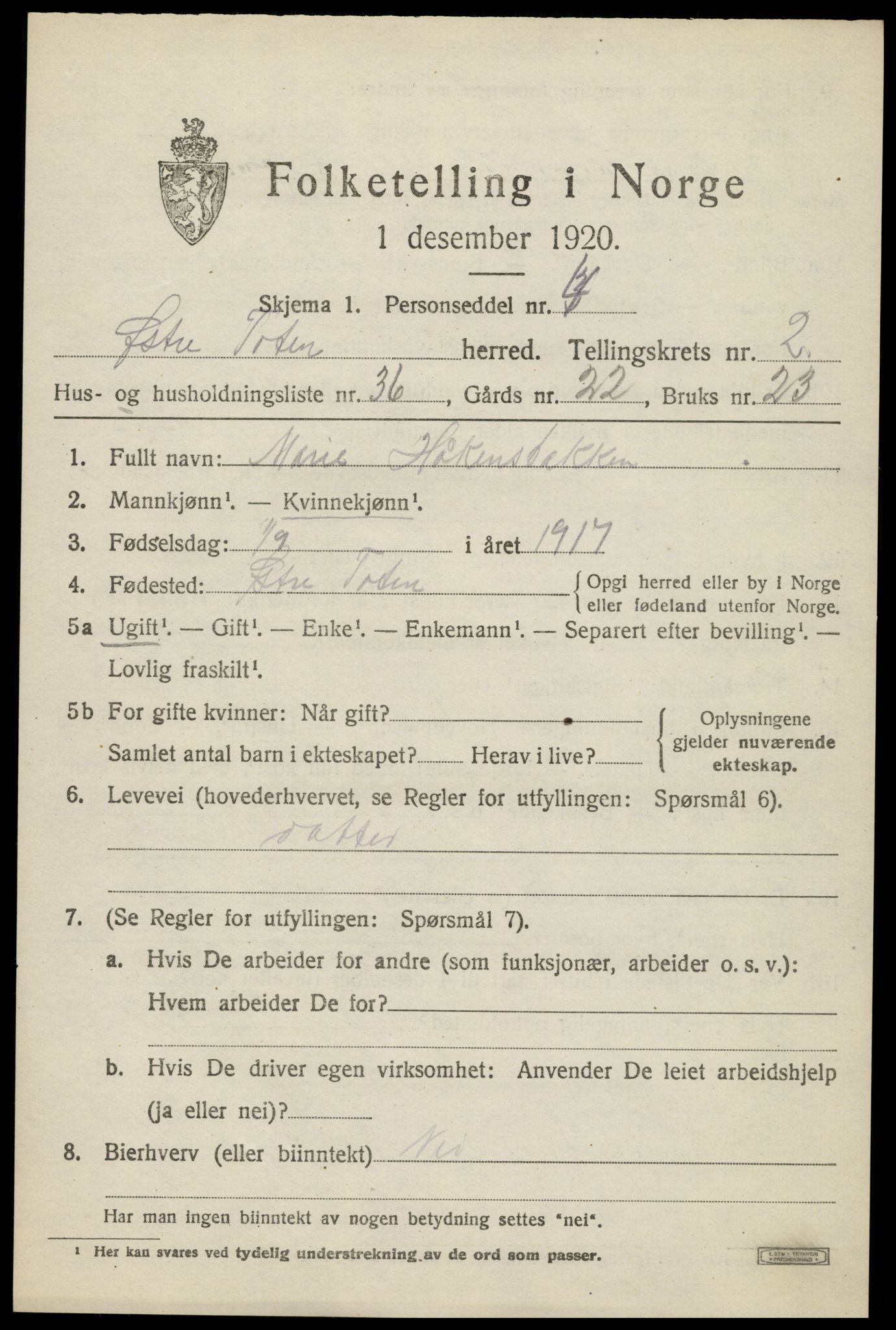 SAH, 1920 census for Østre Toten, 1920, p. 4690