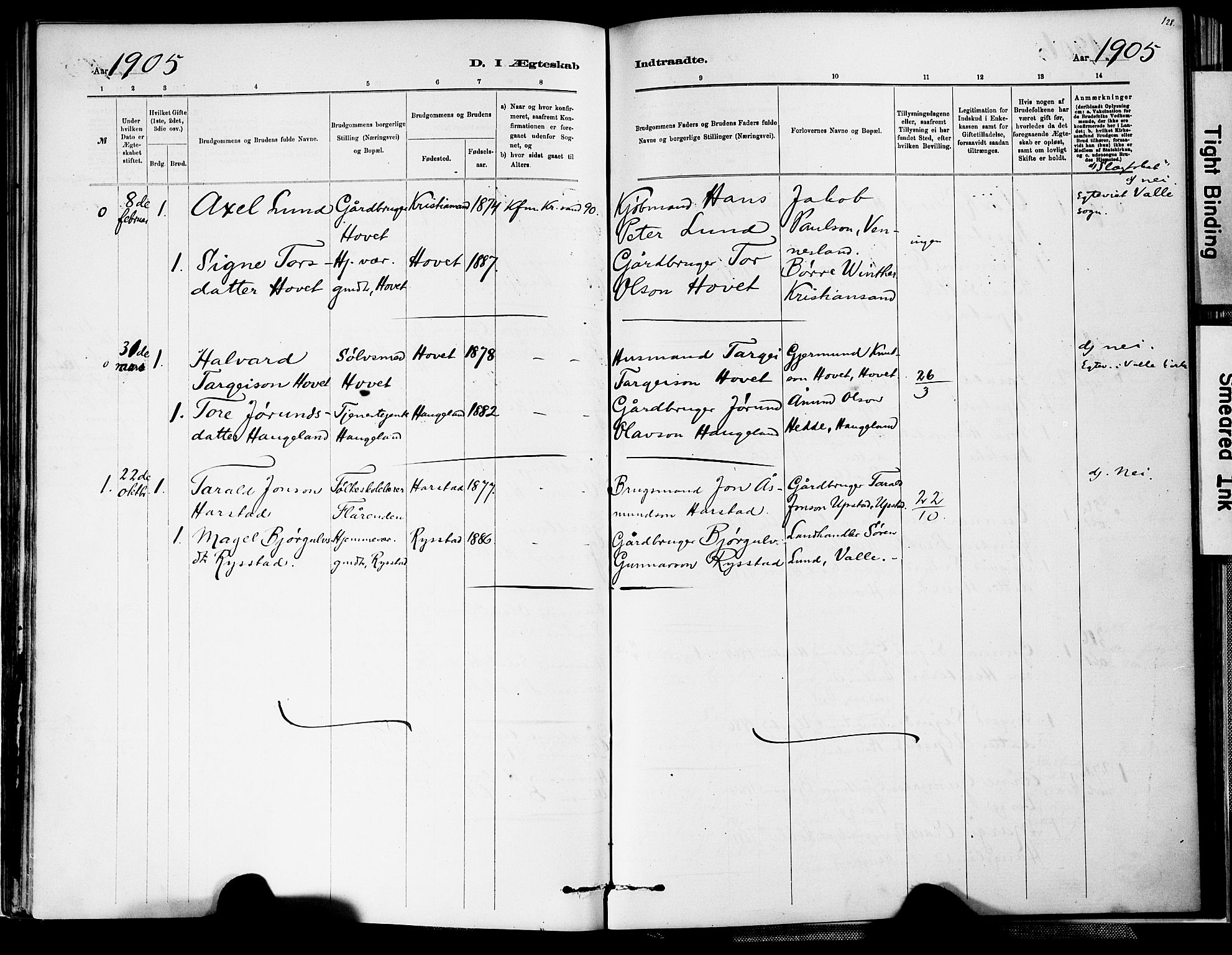 Valle sokneprestkontor, AV/SAK-1111-0044/F/Fa/Fab/L0001: Parish register (official) no. A 1, 1882-1910, p. 128