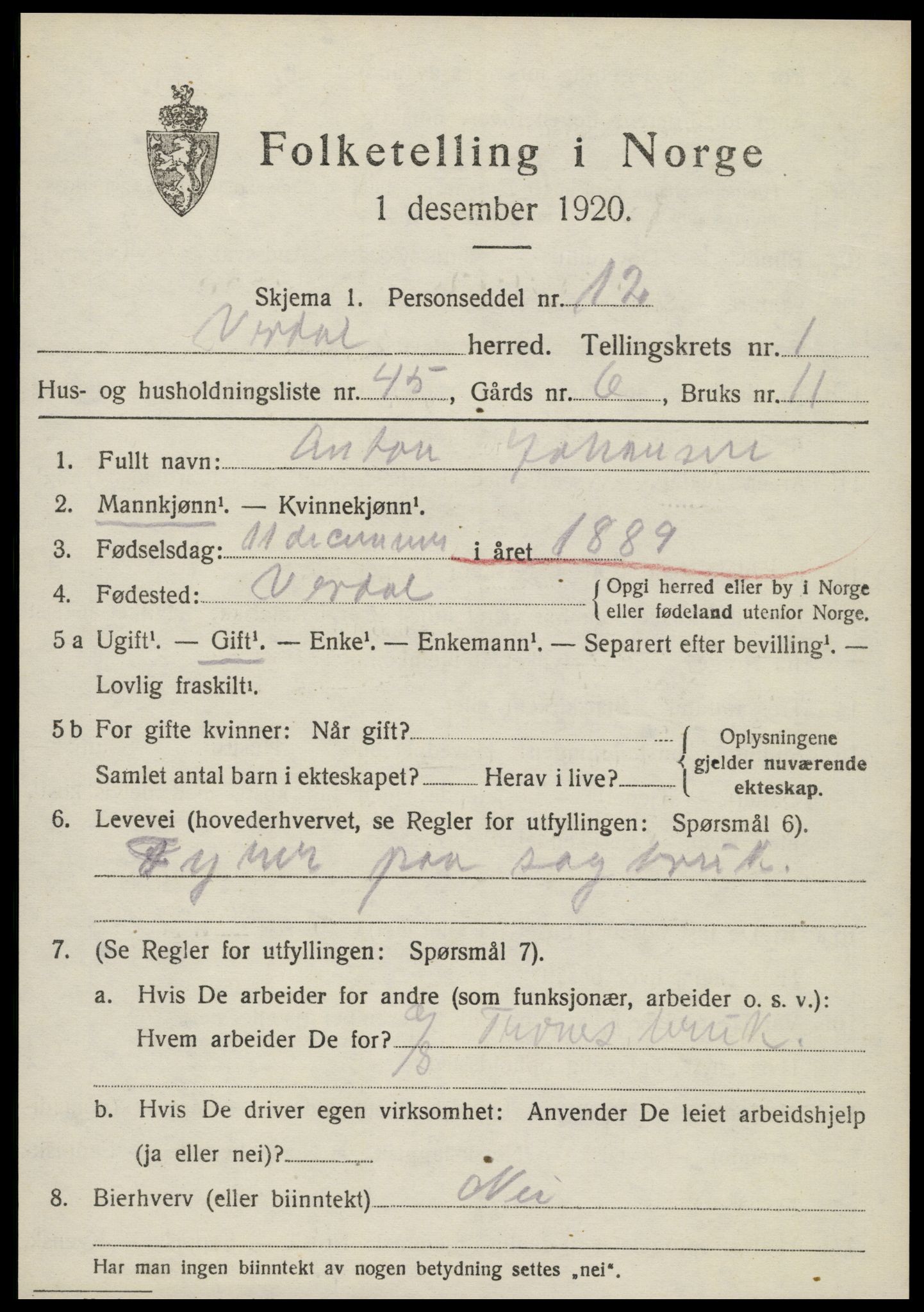 SAT, 1920 census for Verdal, 1920, p. 2897