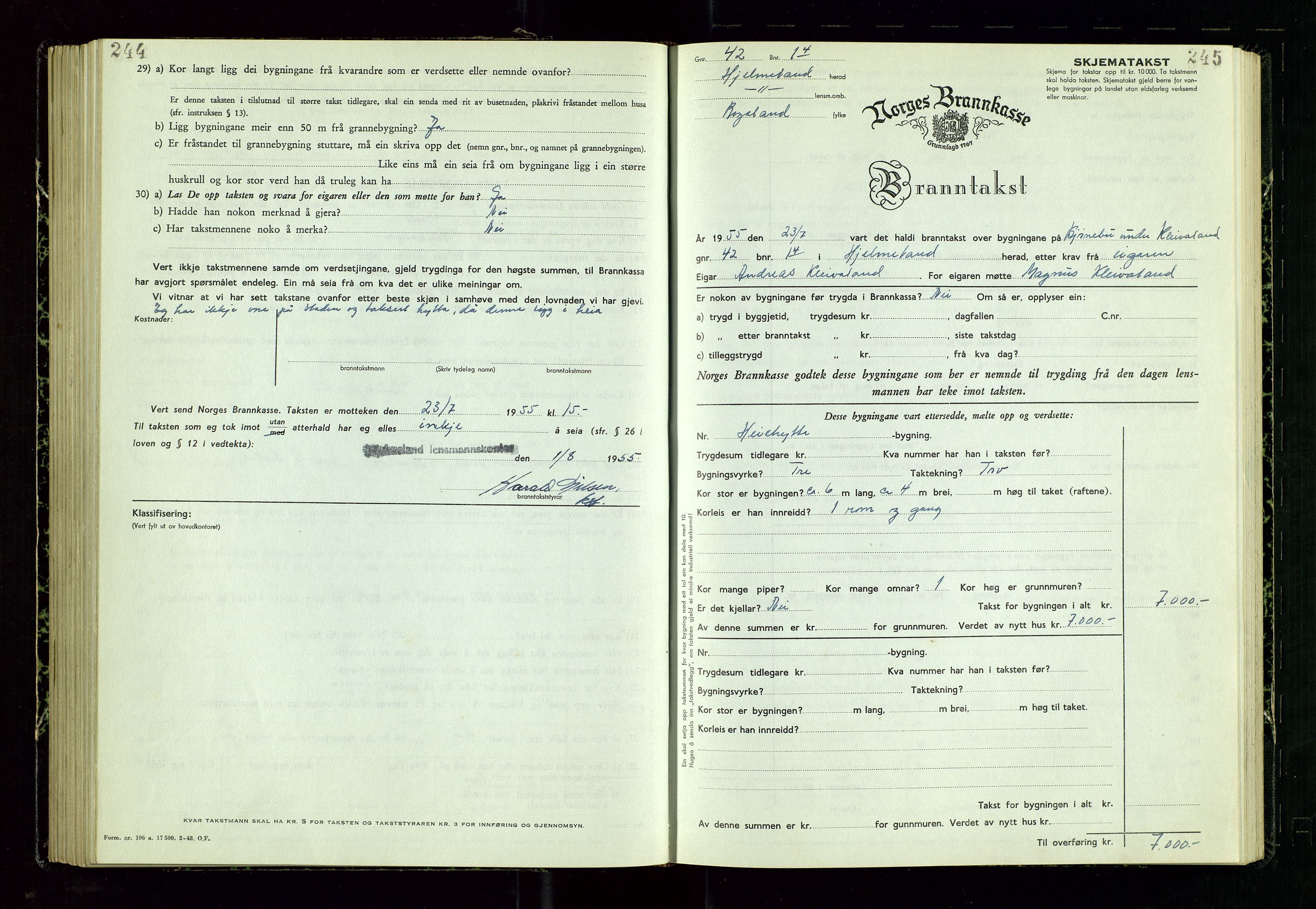 Årdal lensmannskontor, AV/SAST-A-100453/Gob/L0002: "Brandtaxationsprotokol", 1950-1955, p. 244-245
