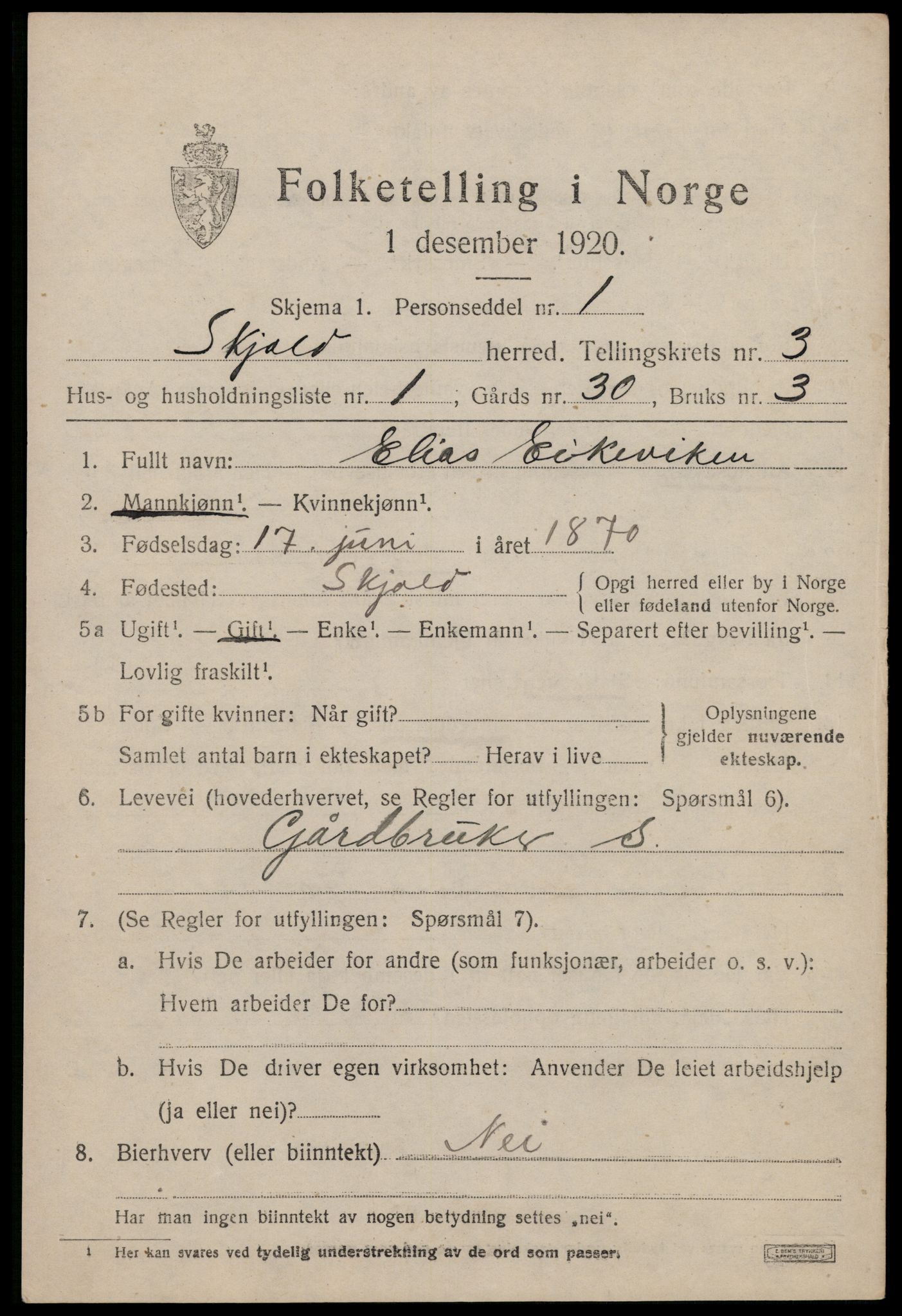 SAST, 1920 census for Skjold, 1920, p. 2002