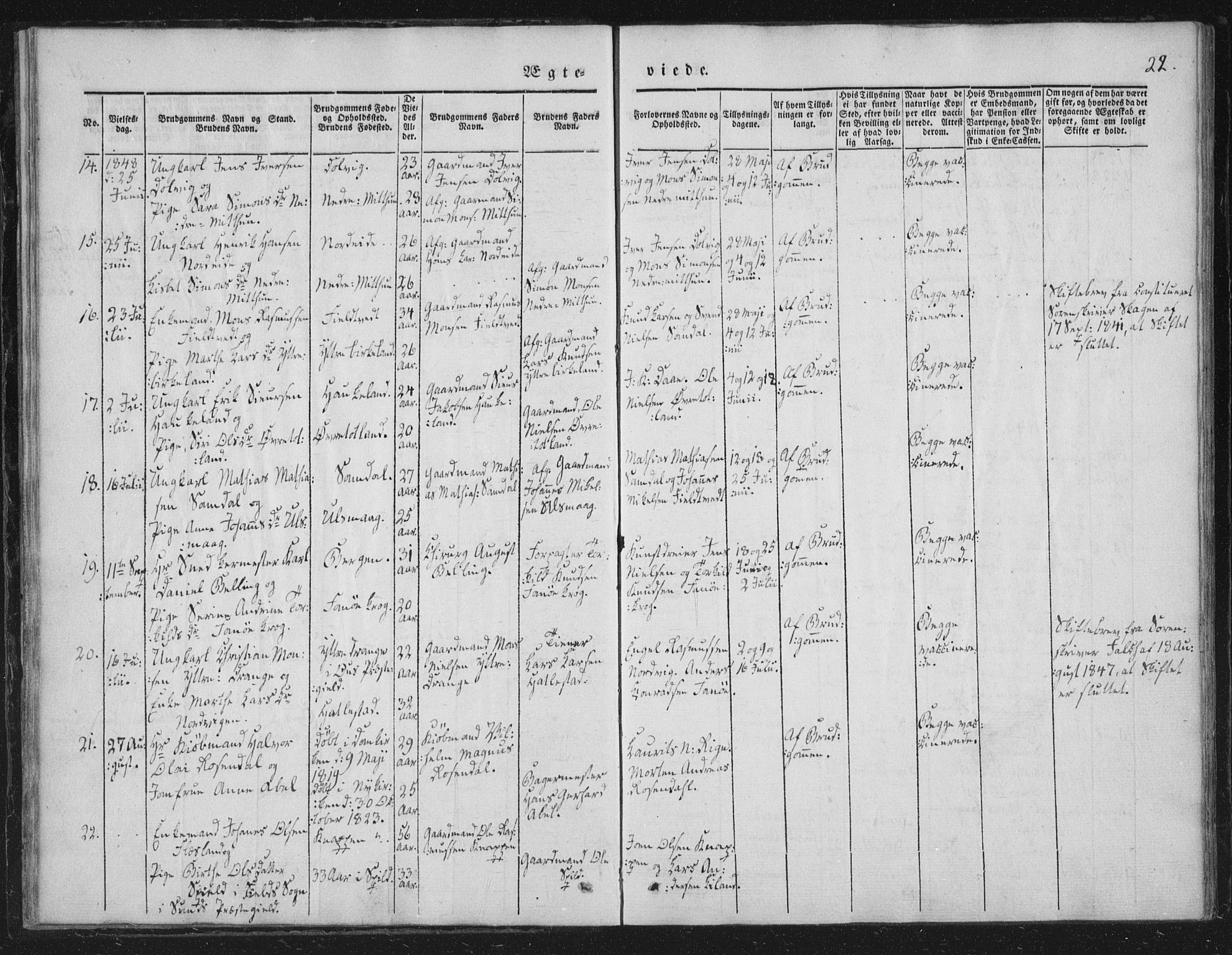 Fana Sokneprestembete, AV/SAB-A-75101/H/Haa/Haaa/L0010: Parish register (official) no. A 10, 1841-1851, p. 22