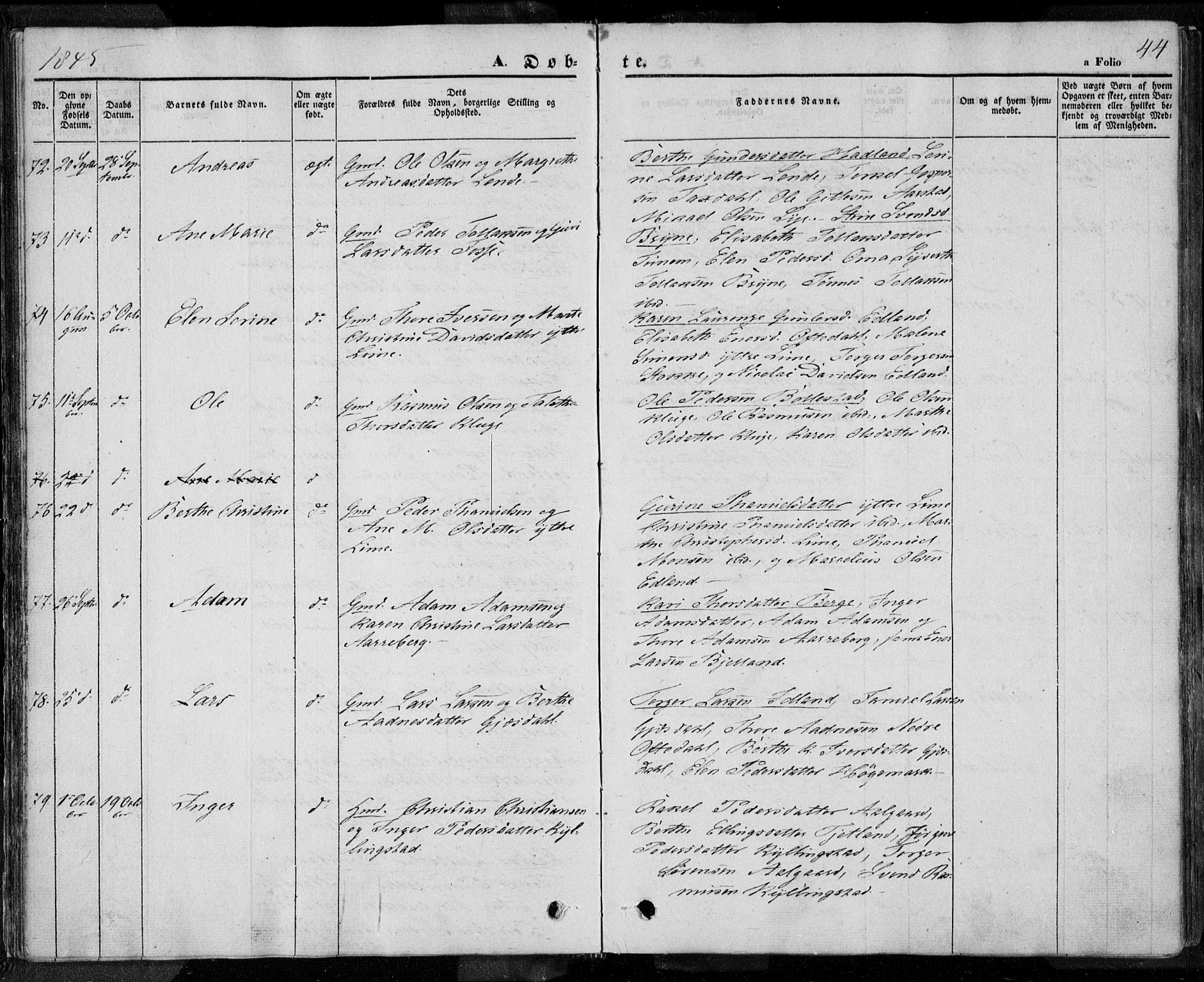 Lye sokneprestkontor, AV/SAST-A-101794/001/30BA/L0005: Parish register (official) no. A 5.1, 1842-1855, p. 44