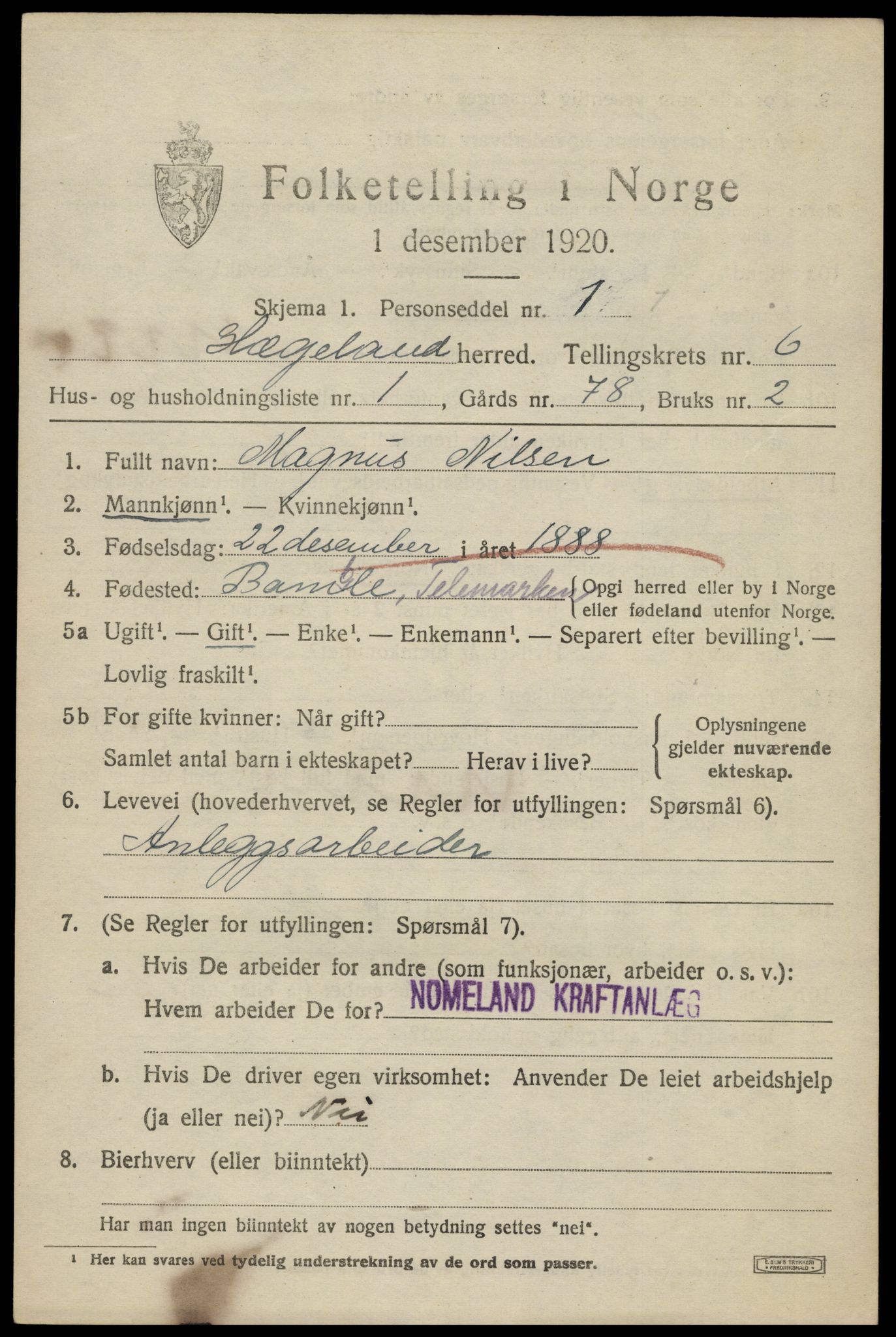 SAK, 1920 census for Hægeland, 1920, p. 2101