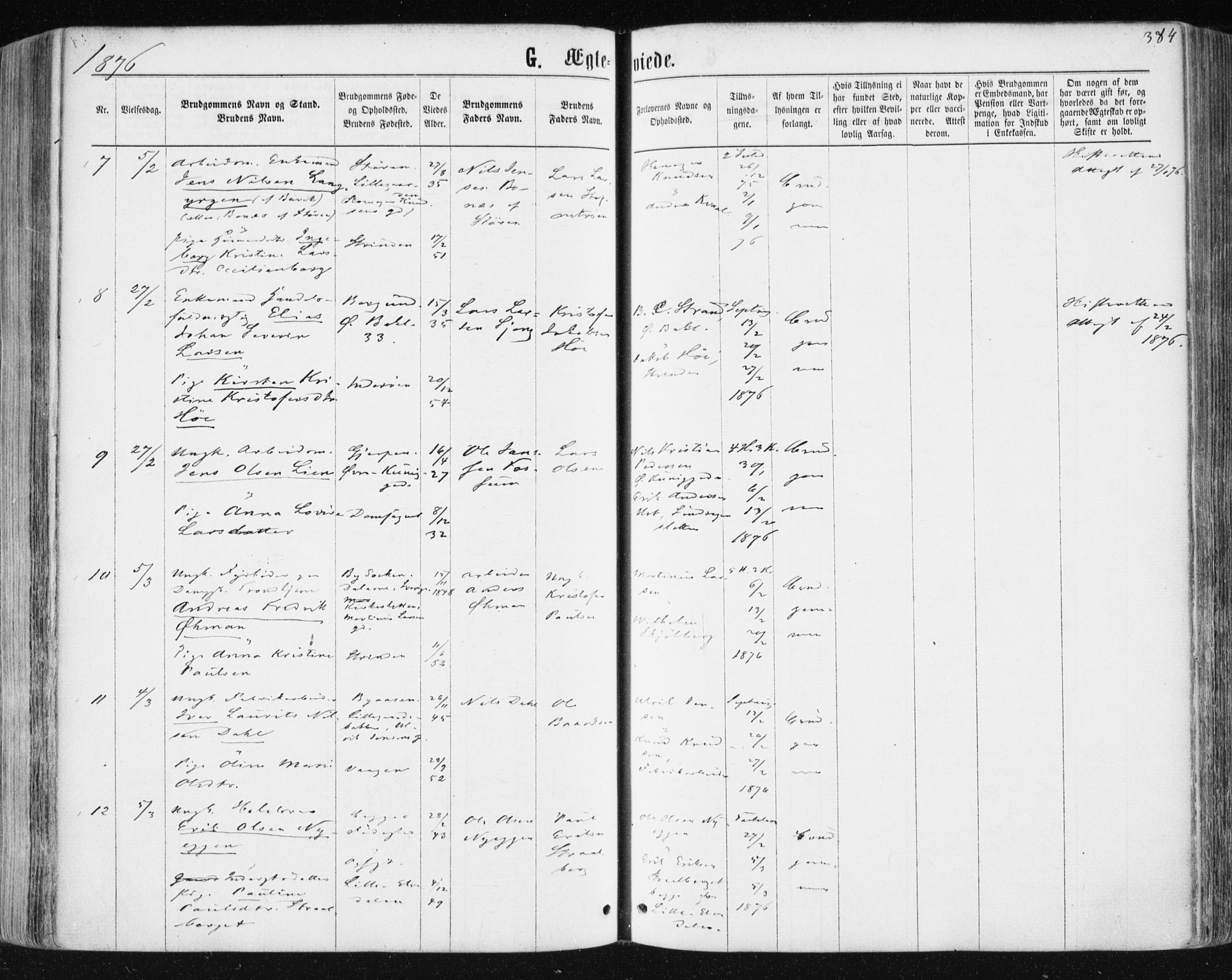 Ministerialprotokoller, klokkerbøker og fødselsregistre - Sør-Trøndelag, SAT/A-1456/604/L0186: Parish register (official) no. 604A07, 1866-1877, p. 384