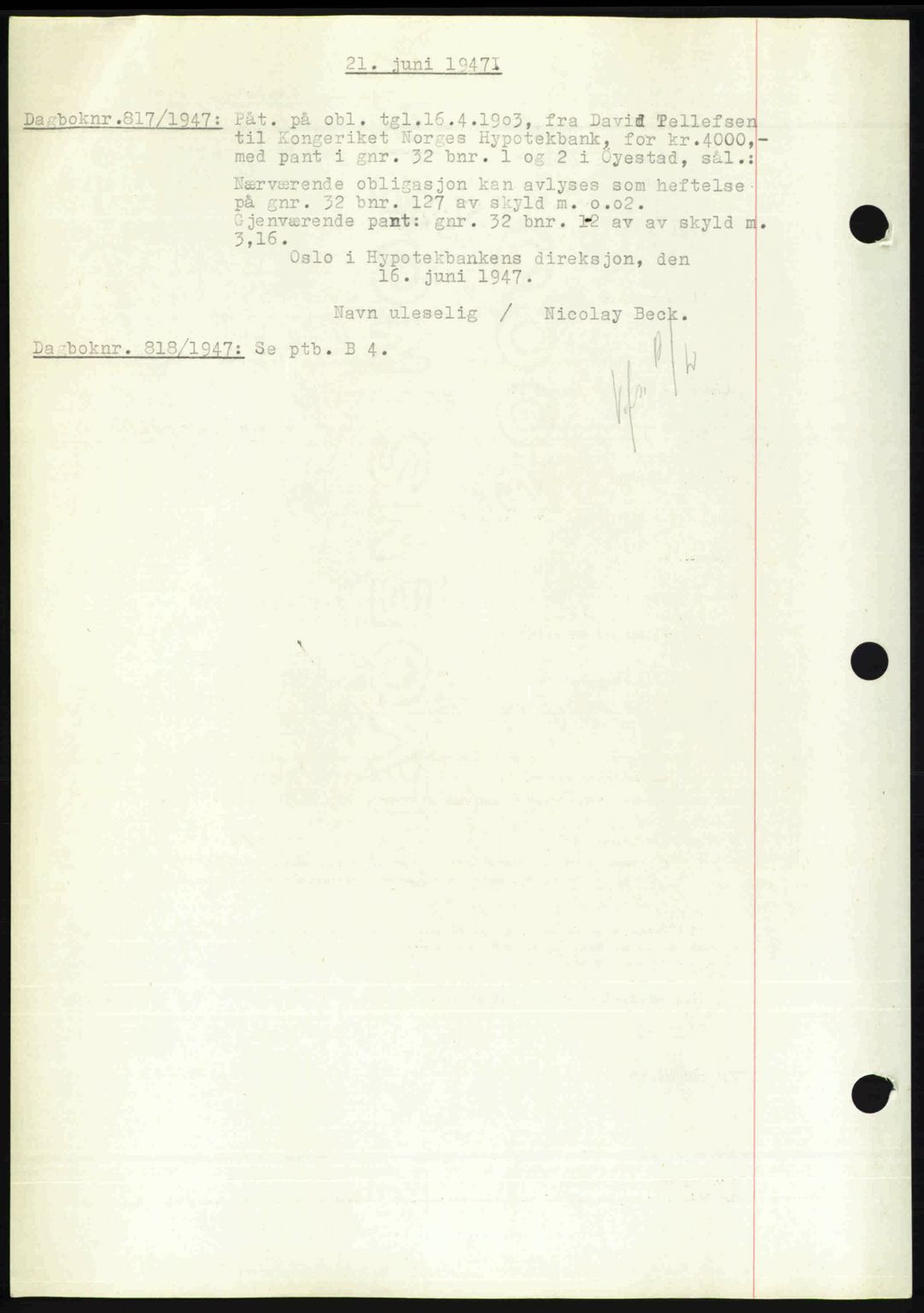 Nedenes sorenskriveri, SAK/1221-0006/G/Gb/Gba/L0057: Mortgage book no. A9, 1947-1947, Diary no: : 817/1947