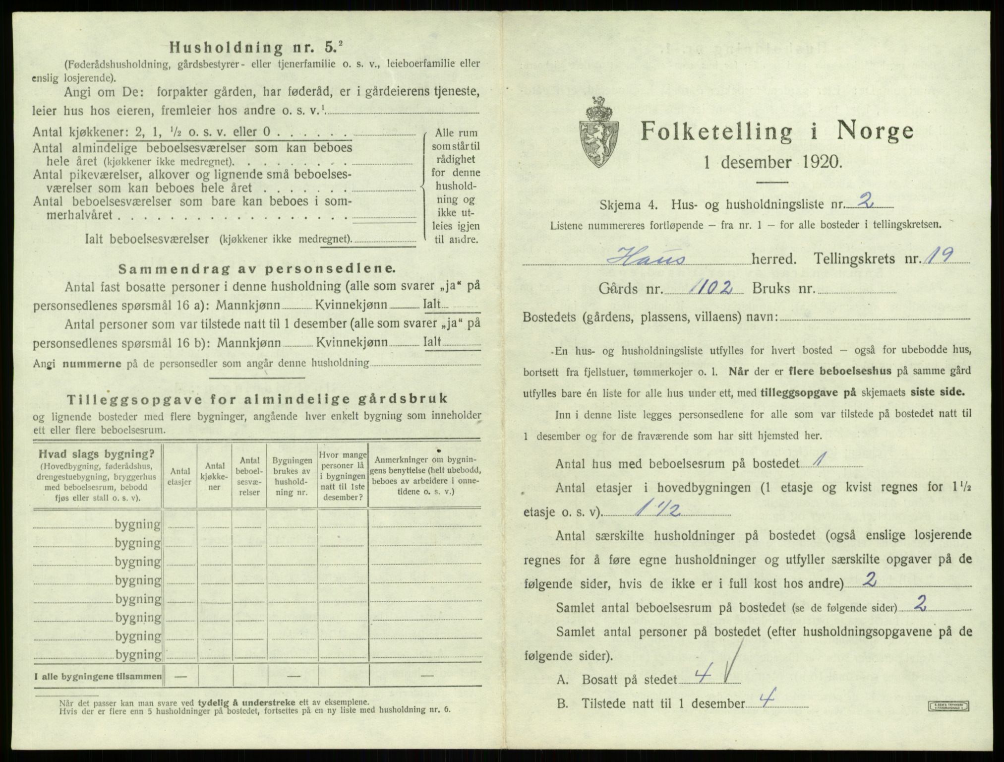 SAB, 1920 census for Haus, 1920, p. 1615