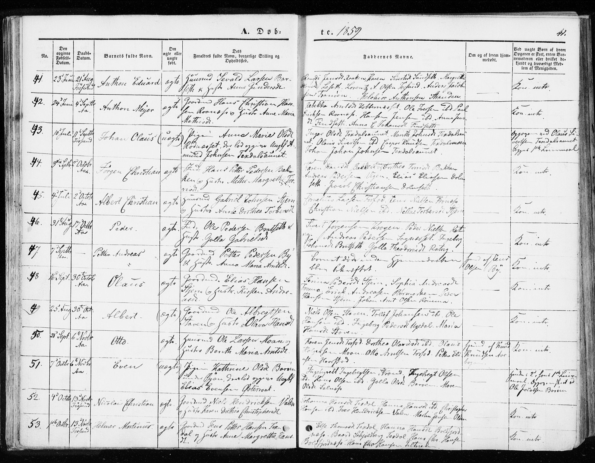 Ministerialprotokoller, klokkerbøker og fødselsregistre - Sør-Trøndelag, SAT/A-1456/655/L0677: Parish register (official) no. 655A06, 1847-1860, p. 41