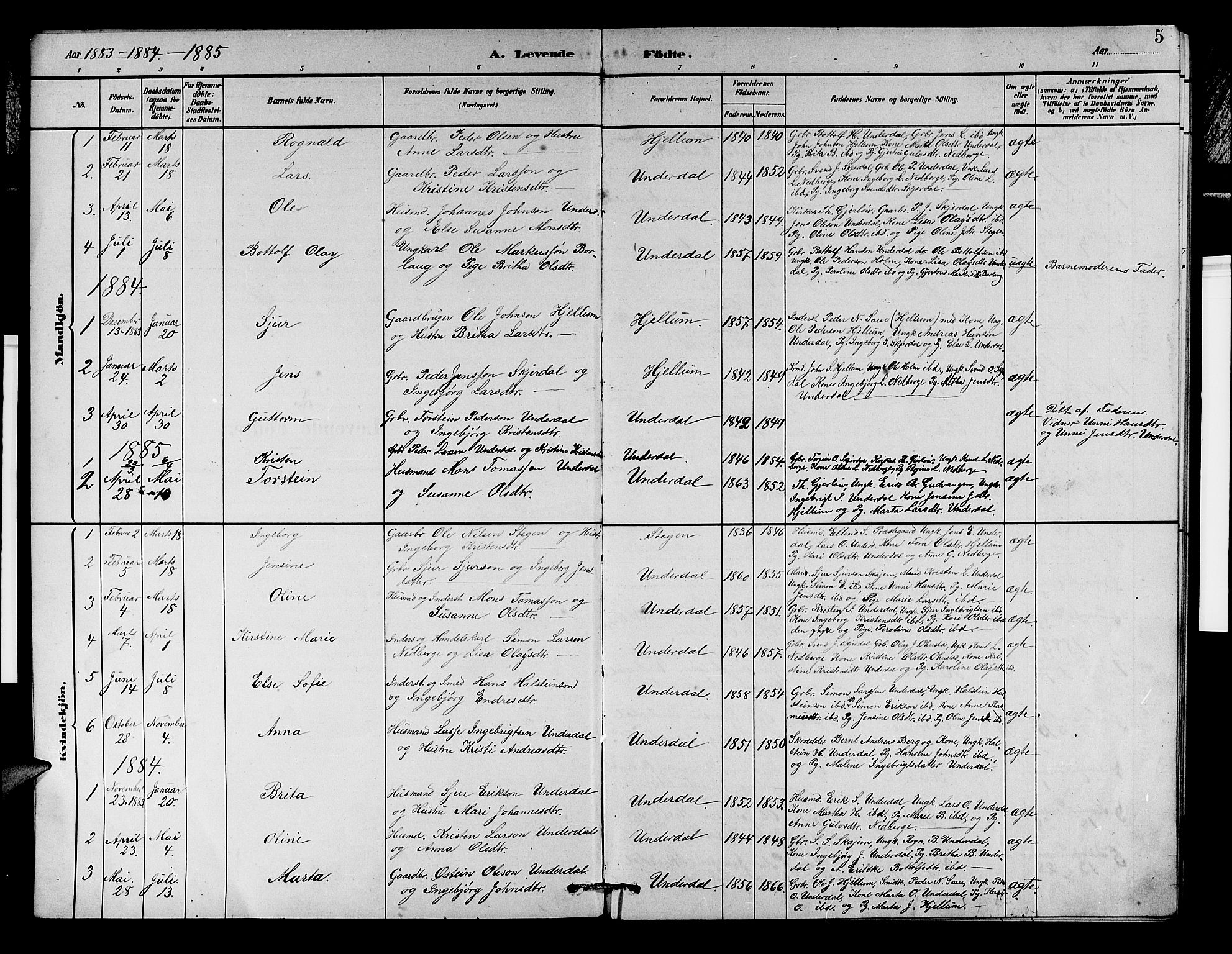 Aurland sokneprestembete, SAB/A-99937/H/Hb/Hbd/L0002: Parish register (copy) no. D 2, 1883-1920, p. 5