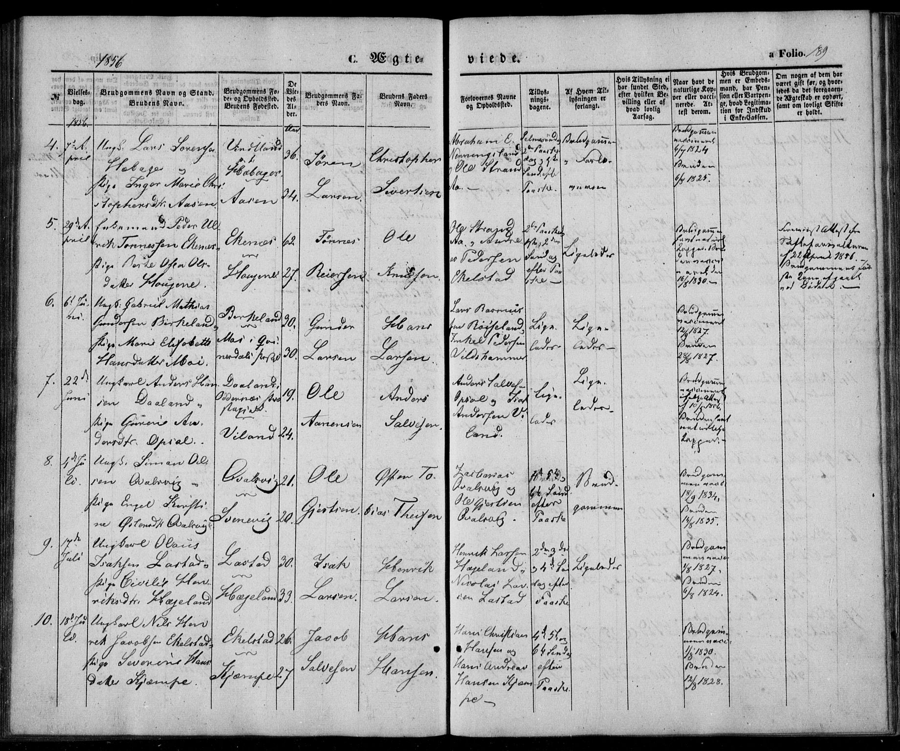 Lyngdal sokneprestkontor, AV/SAK-1111-0029/F/Fa/Fac/L0009: Parish register (official) no. A 9, 1852-1864, p. 189