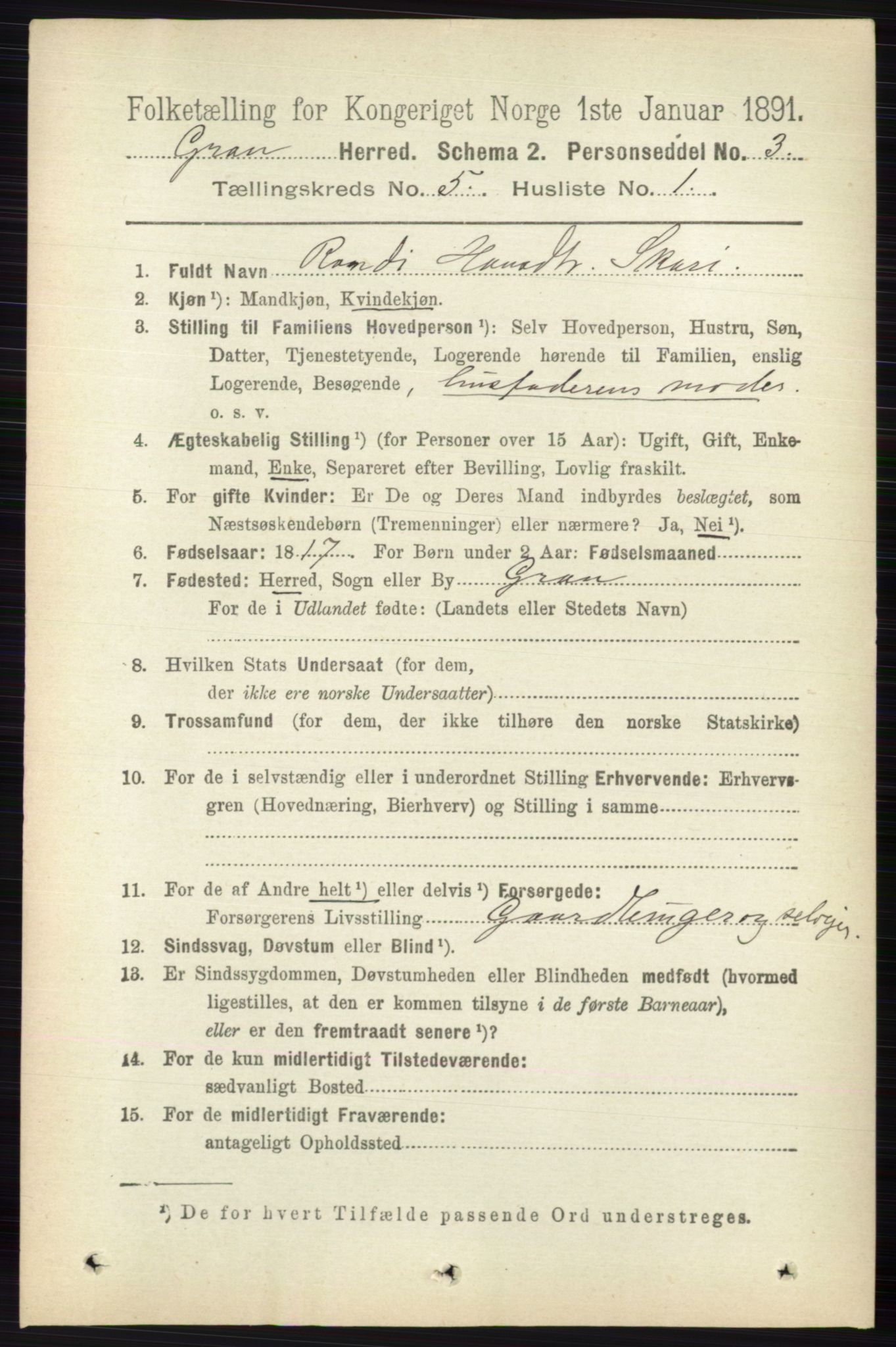 RA, 1891 census for 0534 Gran, 1891, p. 1616