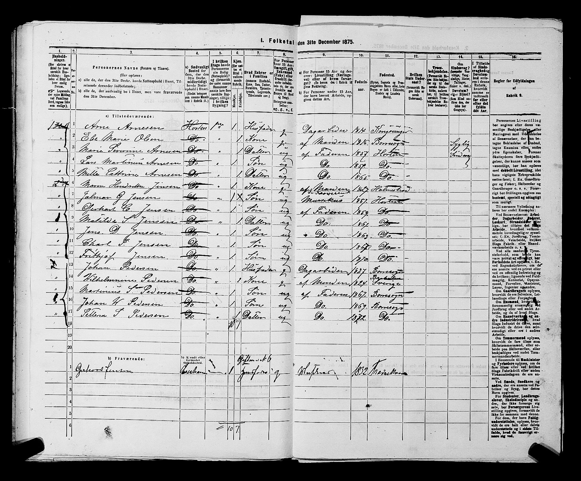 SAKO, 1875 census for 0703P Horten, 1875, p. 611