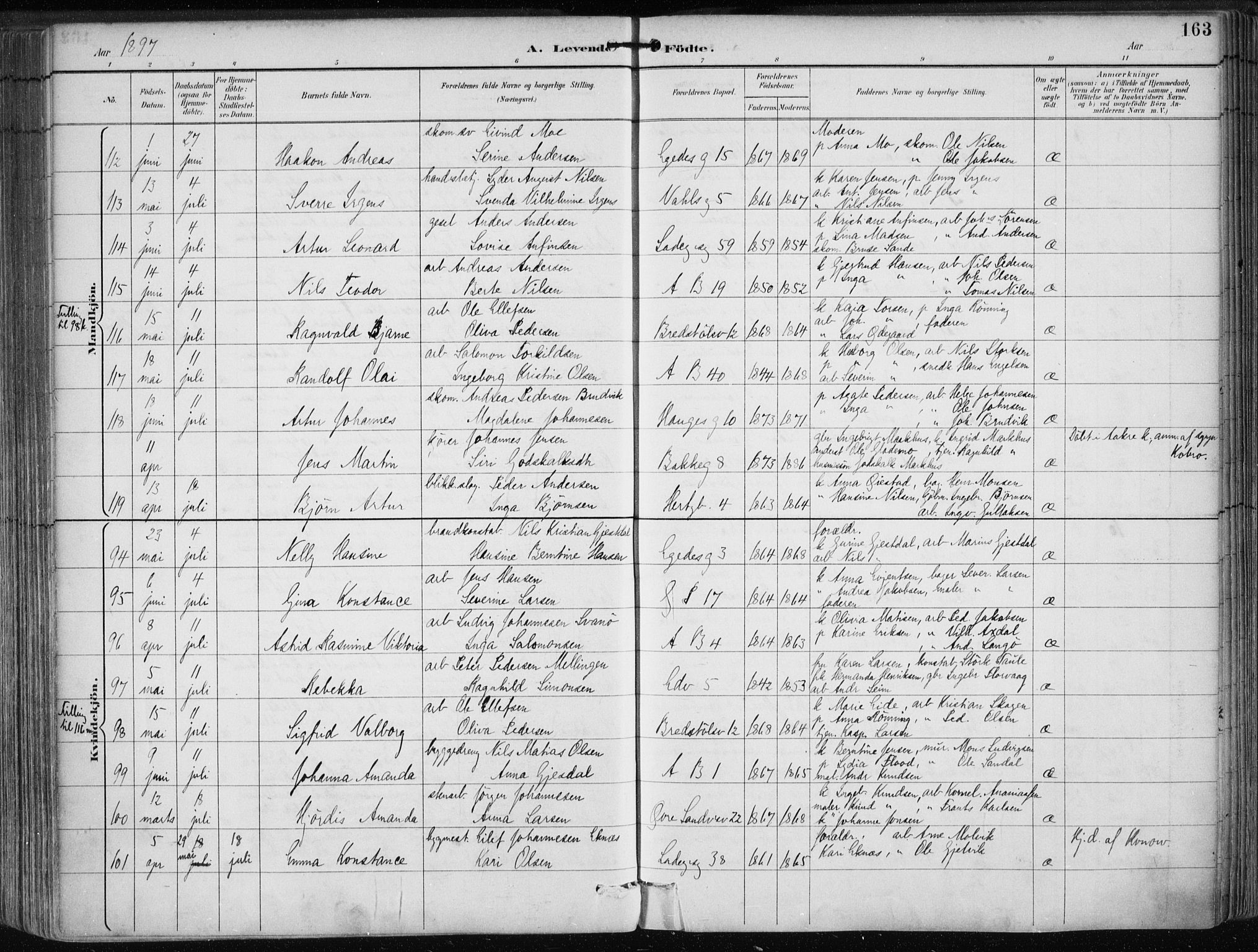 Sandviken Sokneprestembete, AV/SAB-A-77601/H/Ha/L0005: Parish register (official) no. B 2, 1891-1901, p. 163