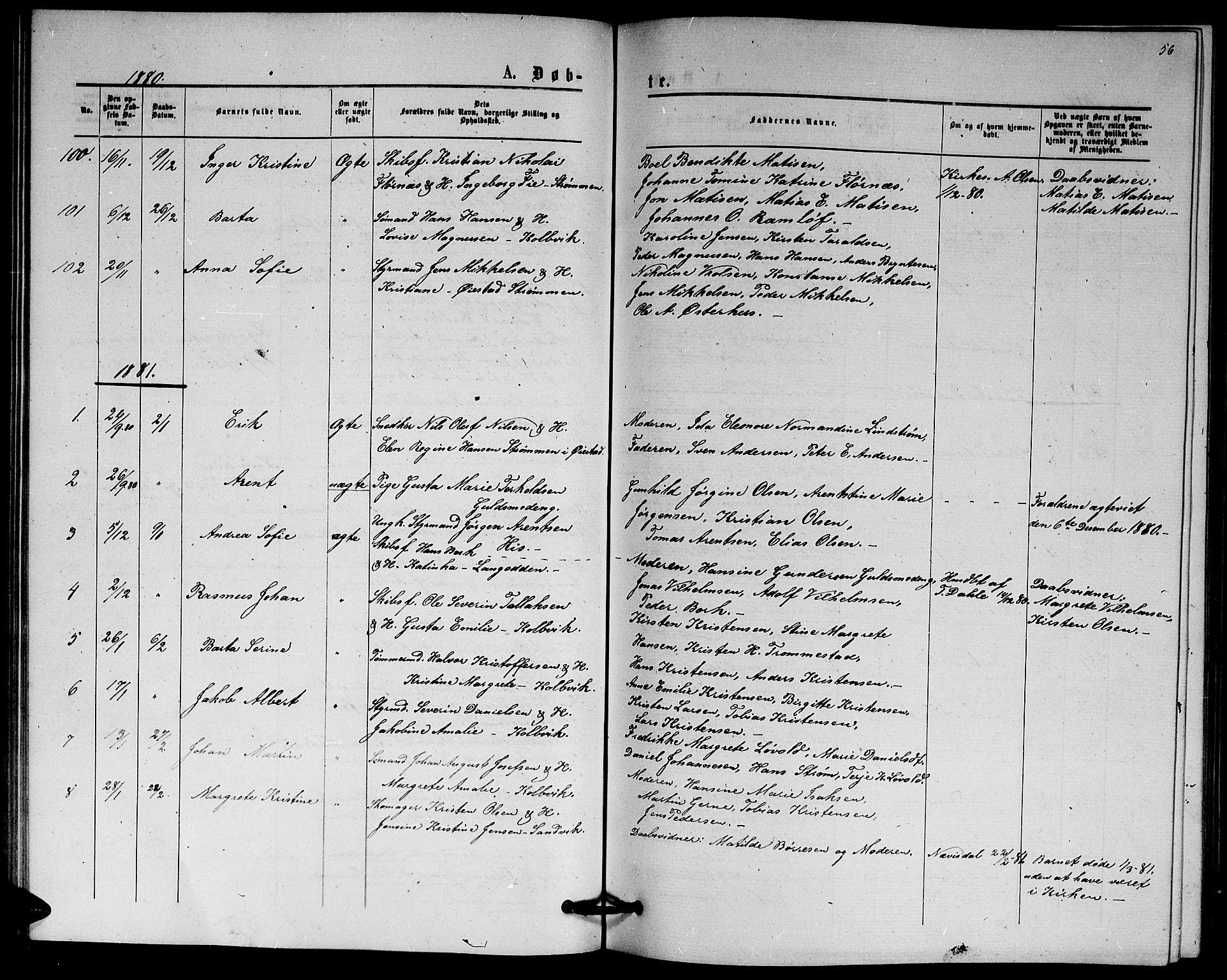 Hisøy sokneprestkontor, SAK/1111-0020/F/Fb/L0002: Parish register (copy) no. B 2, 1873-1885, p. 56