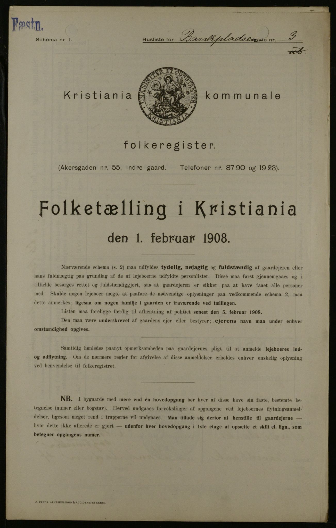 OBA, Municipal Census 1908 for Kristiania, 1908, p. 3333