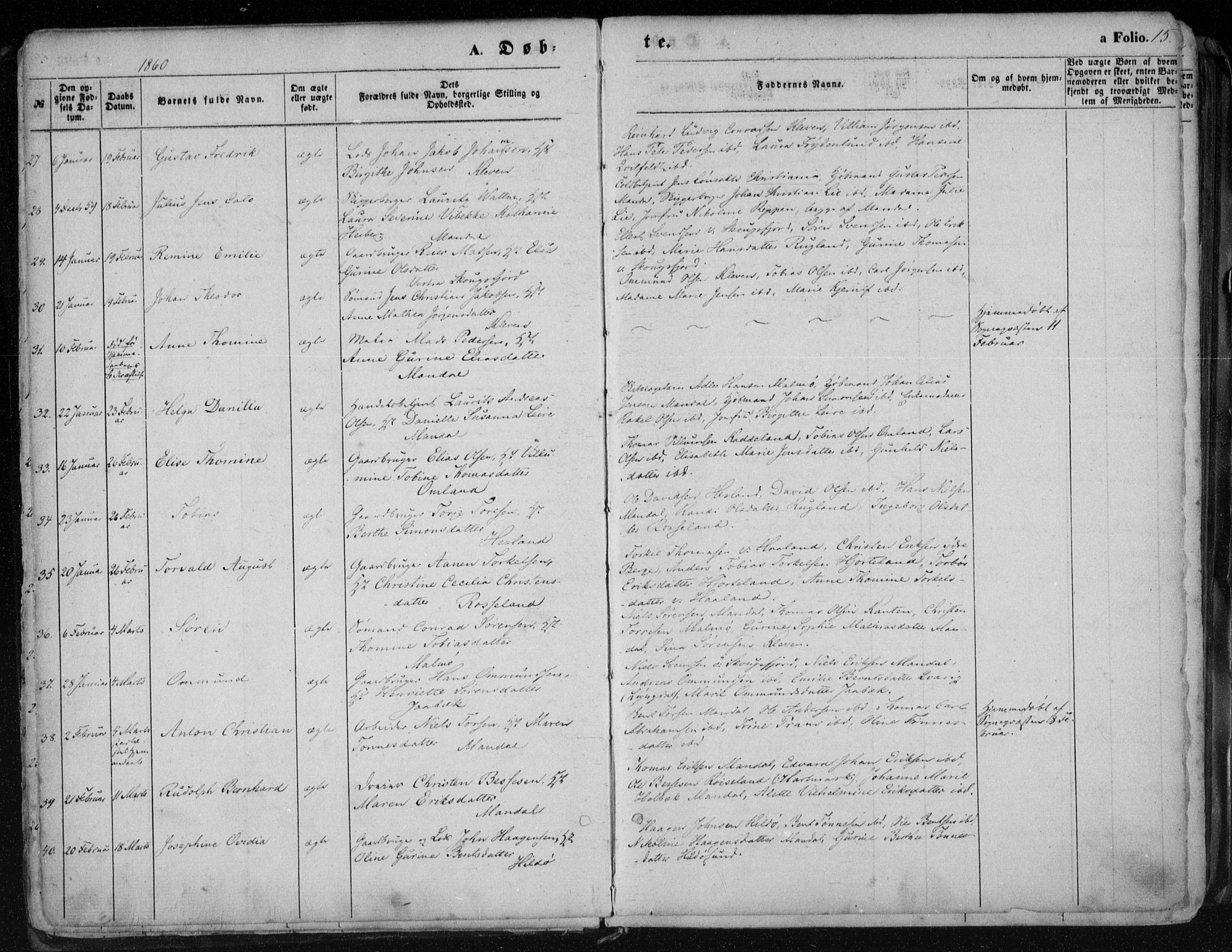 Mandal sokneprestkontor, AV/SAK-1111-0030/F/Fa/Faa/L0014: Parish register (official) no. A 14, 1859-1872, p. 15