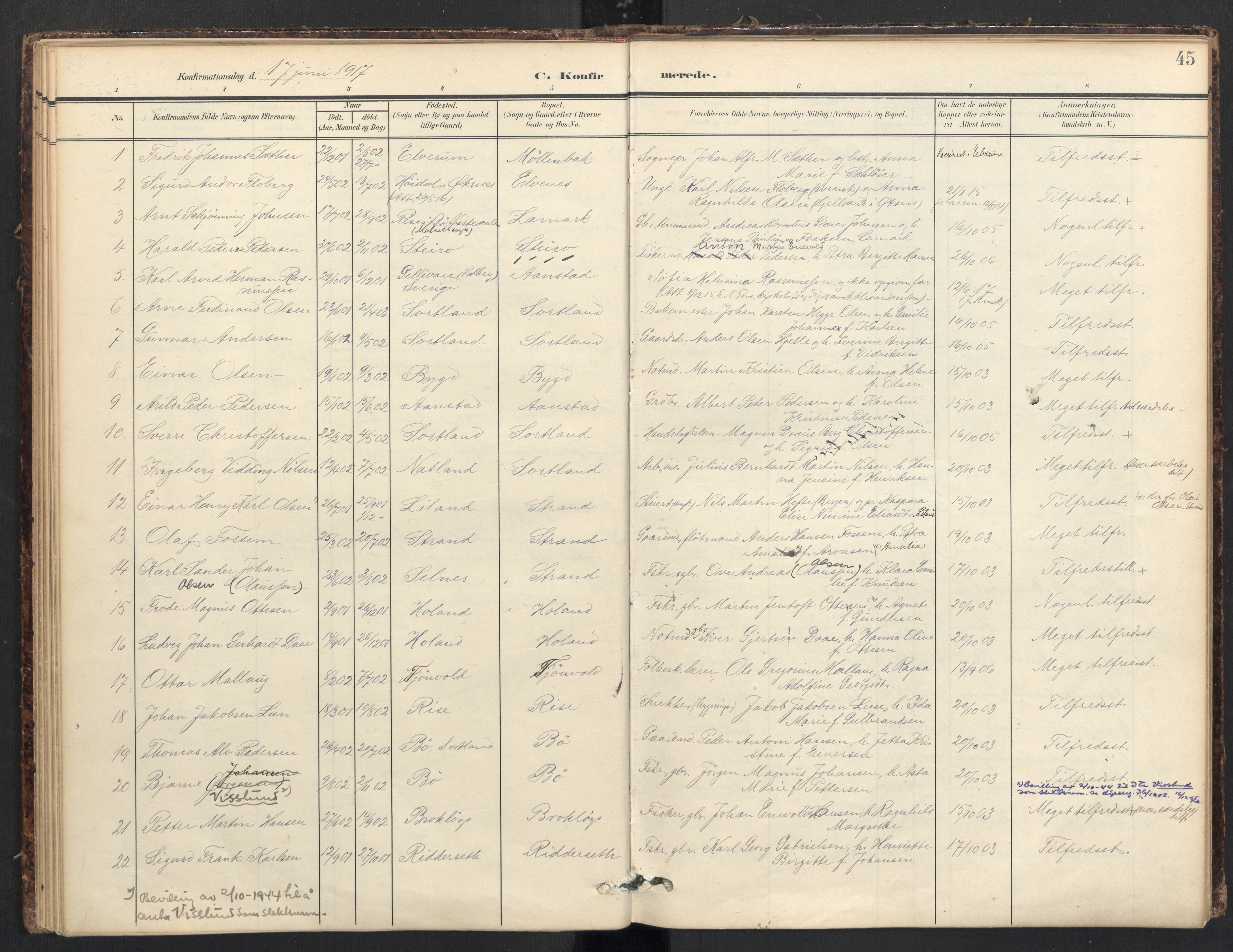 Ministerialprotokoller, klokkerbøker og fødselsregistre - Nordland, AV/SAT-A-1459/895/L1375: Parish register (official) no. 895A10, 1907-1938, p. 45