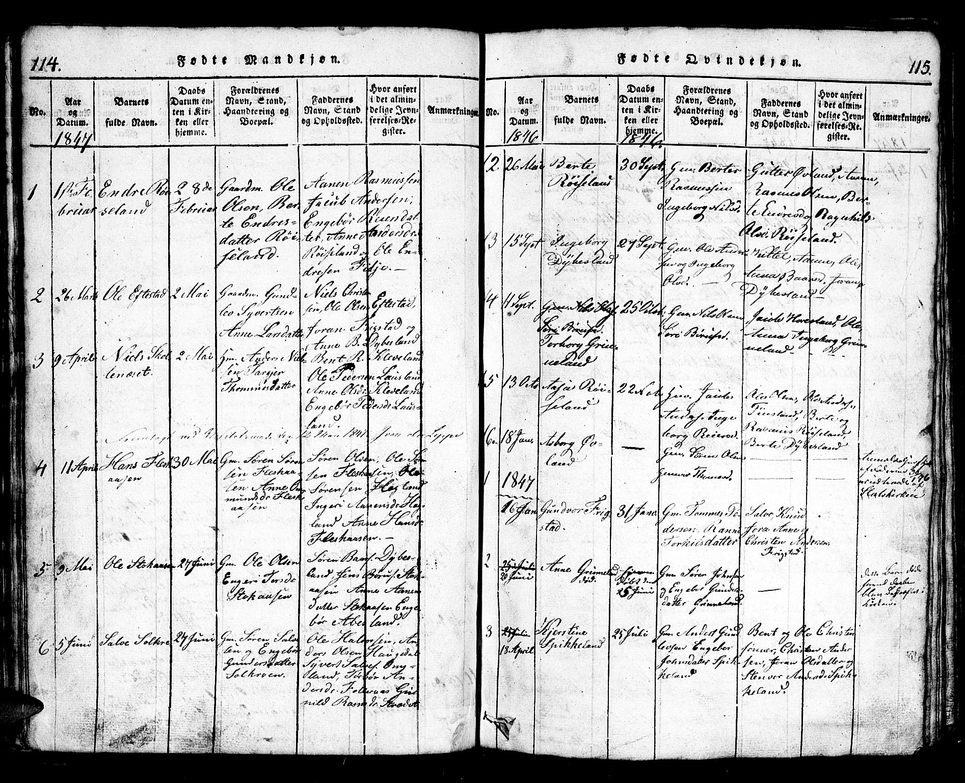 Bjelland sokneprestkontor, SAK/1111-0005/F/Fb/Fbb/L0003: Parish register (copy) no. B 3, 1816-1868, p. 114-115