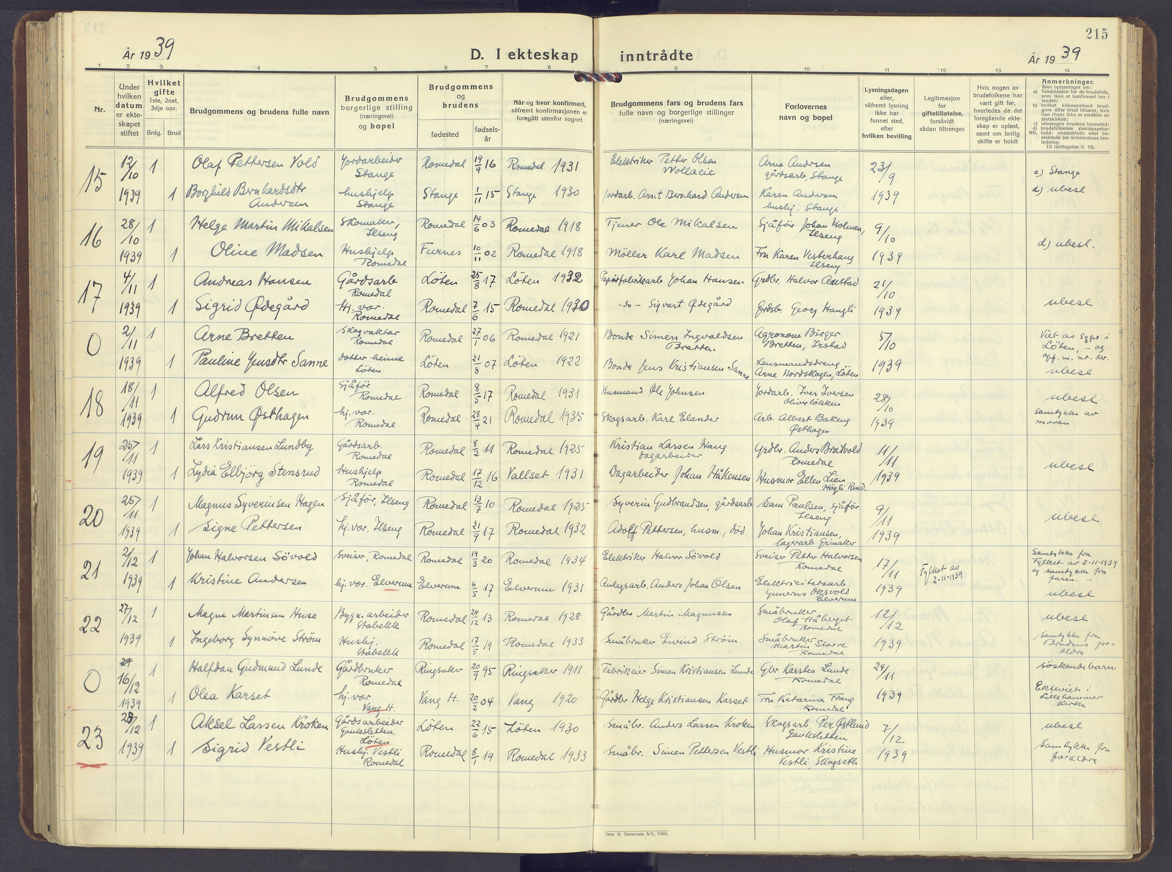 Romedal prestekontor, AV/SAH-PREST-004/K/L0014: Parish register (official) no. 14, 1936-1949, p. 215