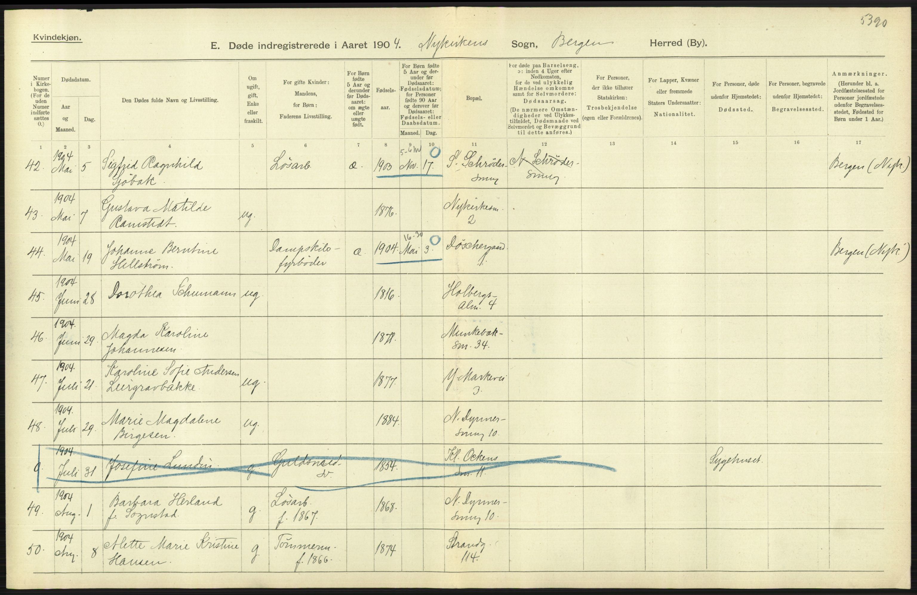 Statistisk sentralbyrå, Sosiodemografiske emner, Befolkning, AV/RA-S-2228/D/Df/Dfa/Dfab/L0014: Bergen: Fødte, gifte, døde, 1904, p. 381